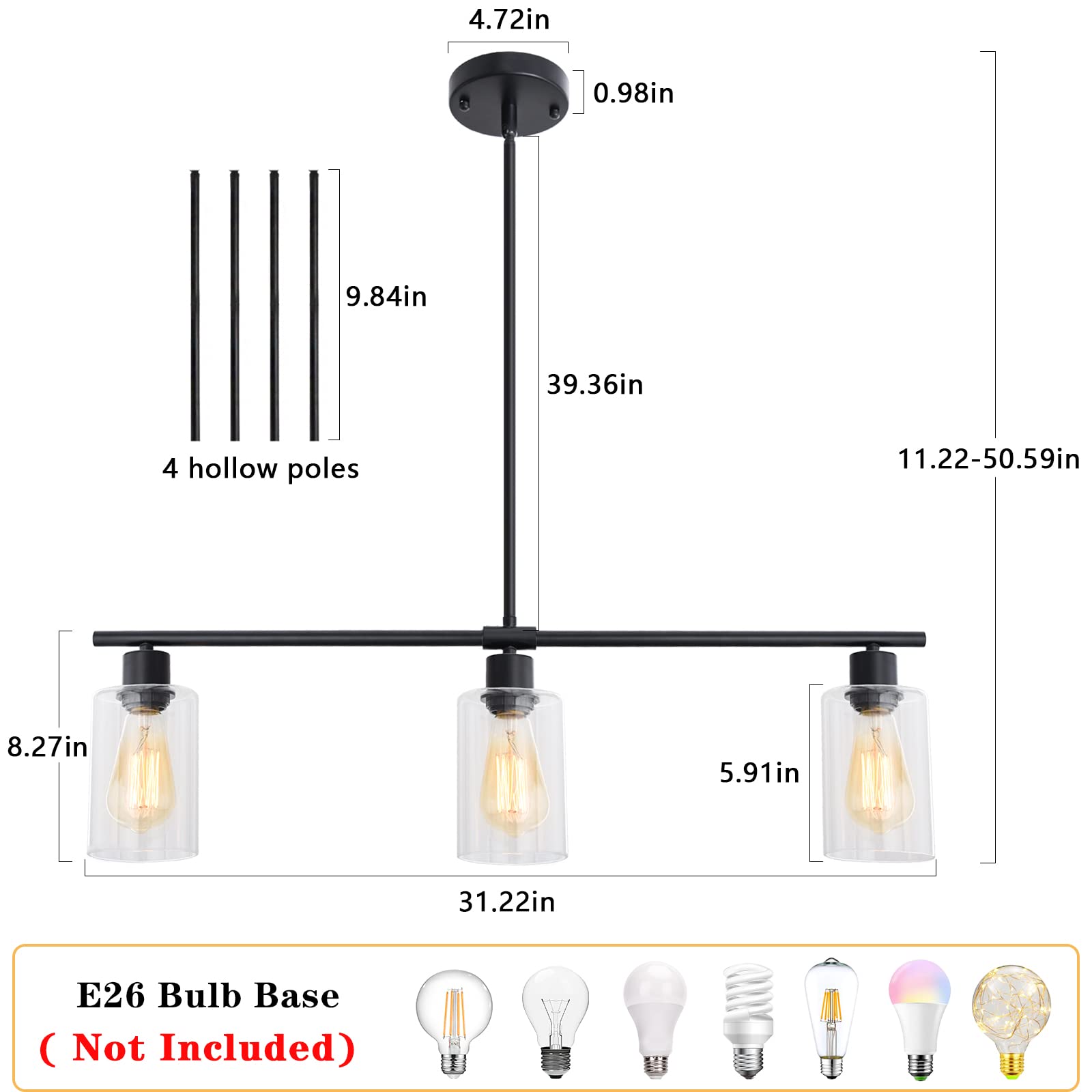 Modern Black Linear Chandelier Pendant Light - 3-Light Kitchen Island Lighting with Glass Shades, Hanging Fixture for Foyer, Bar, Living Room, Dining Room & Bedroom | Perfect for Contemporary Home Decor and Ambient Lighting