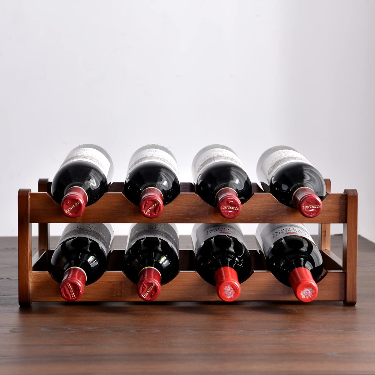 Maydear 2-Tier Bamboo Wine Rack - Holds 8 Bottles, Sturdy Tabletop Wine Bottle Organizer & Storage Shelf for Kitchen, Bar or Dining Room Display