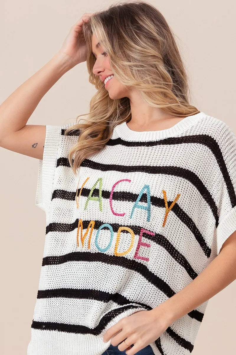 BiBi Vacay Mode Lettering Drop Shoulder Striped Sweater - Women's Casual Oversized Pullover for Beach Vacation, Travel & Cozy Fall Outfits