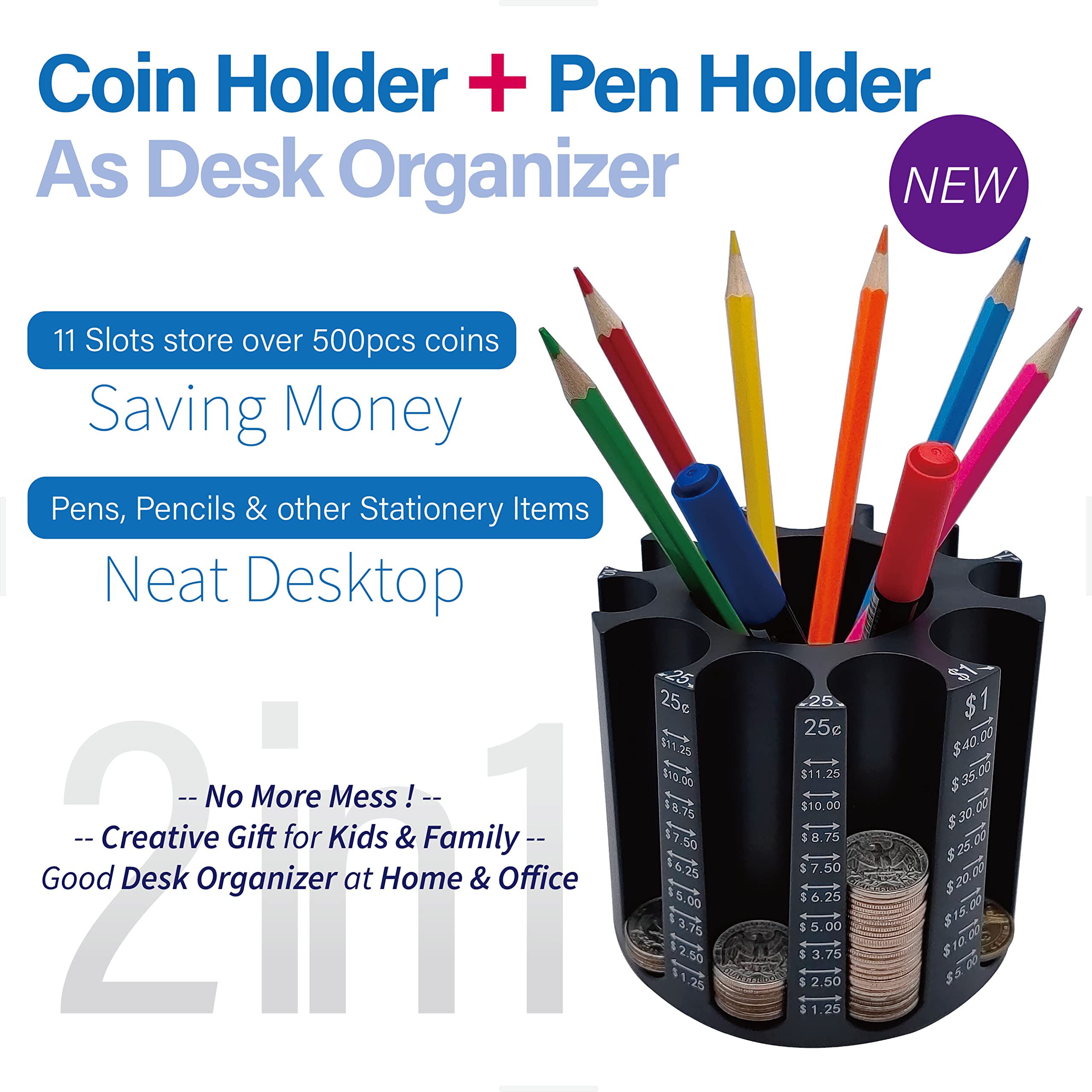 Coin Counter and Sorter with Pen Holder | Desk Organizer for Coins & Pencils | Piggy Bank for Adults & Kids | Holds 500 Coins with Wrappers | Unique Gift for Family & Office Use | Perfect for Home, Office, and Classroom Organization
