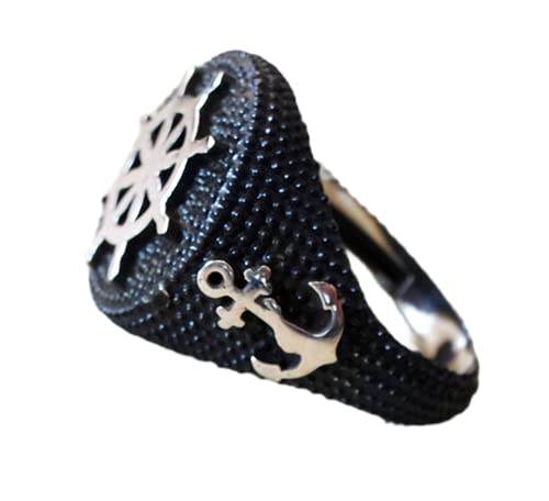 Handmade Sterling Silver 925 Sailor Anchor & Ship Wheel Men's Ring - Nautical Fisherman Biker Jewelry with Sea Drahma Symbol - Statement Signet Ring for Men - Perfect for Beach Parties, Marine Enthusiasts & Fashion Accessories