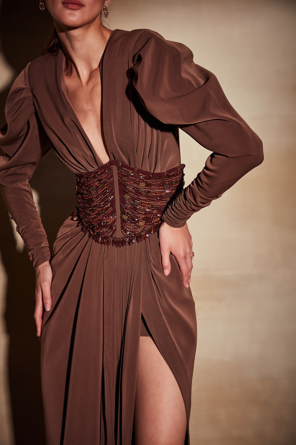 Elegant Dark Tan Dress with High Slit - Perfect for Evening Parties, Date Nights & Special Occasions