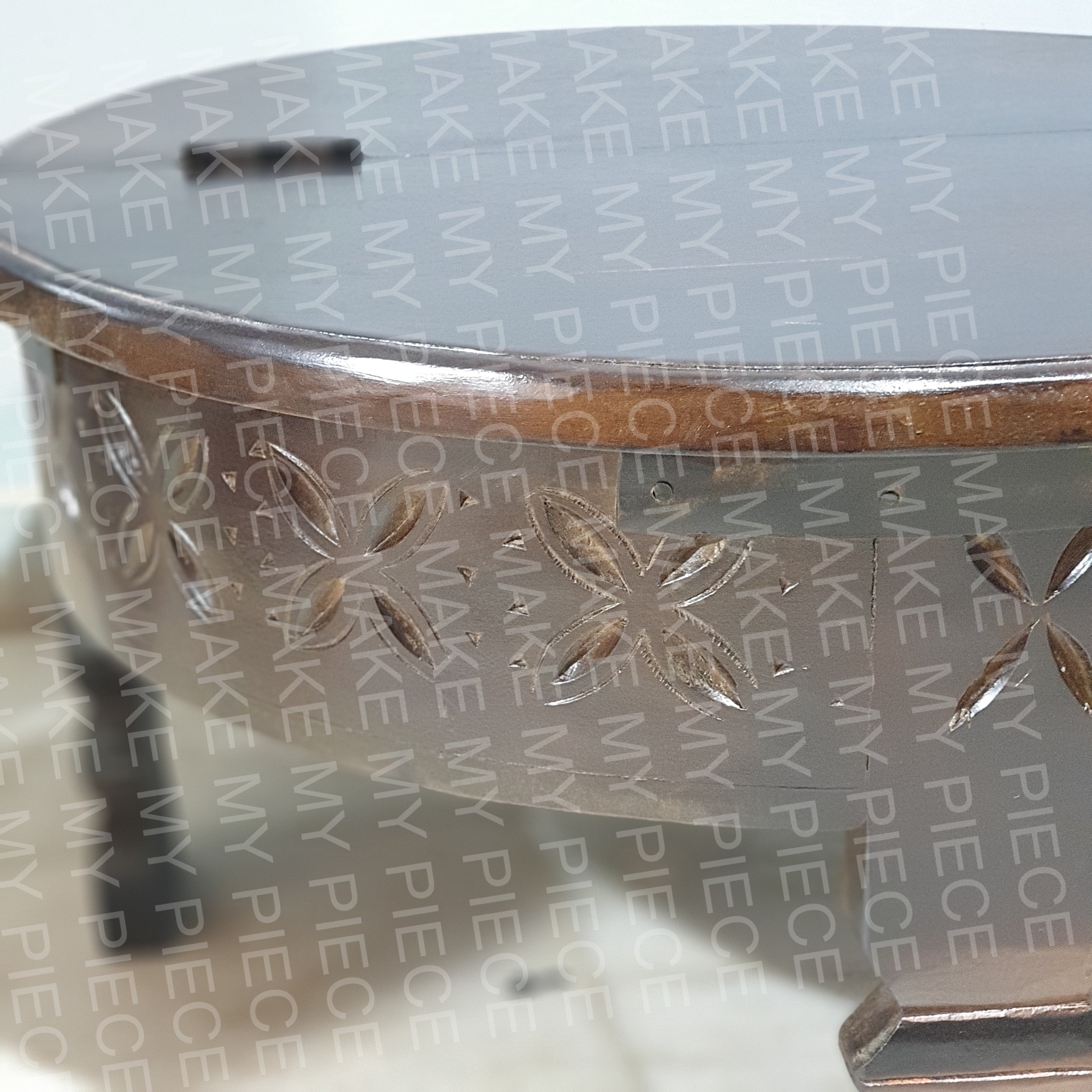 FARHANA Tribal Grinder Round Coffee Table - Dark Brown Wooden End Table with Carved Design for Living Room, Lounge & Home Decor