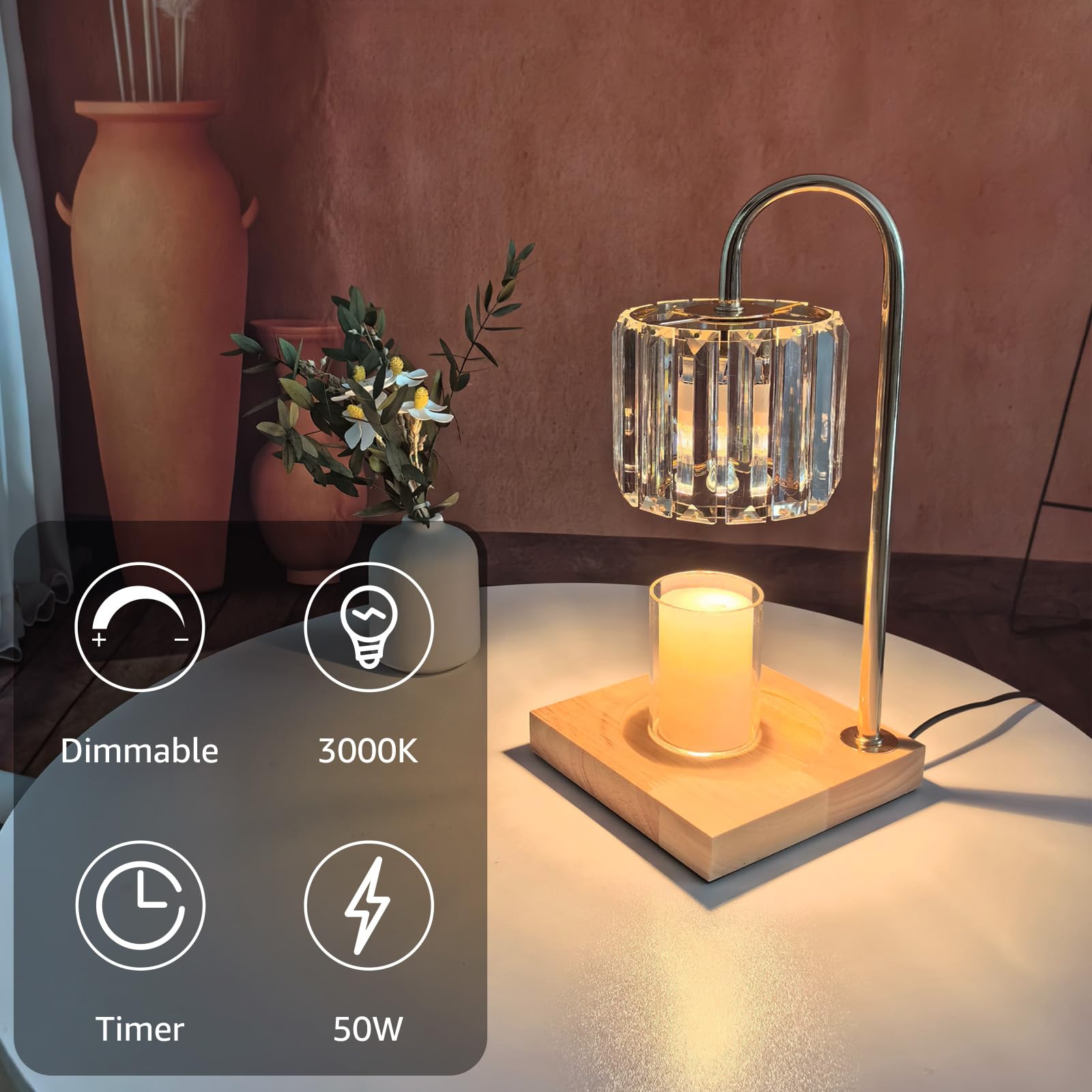 Dimmable Electric Candle Warmer Lamp with Timer - Modern Glass Candle Melter for Home Decor, Aromatherapy & Romantic Ambiance - Perfect Birthday Gift for Women & Home Lovers