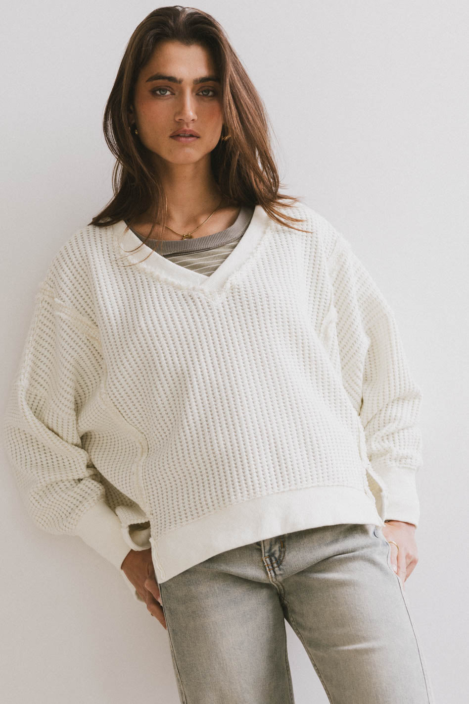 Ellis Waffle Knit Top Women's Cream Long Sleeve Shirt - Casual Loungewear, Fall Layering & Coffee Dates Outfit