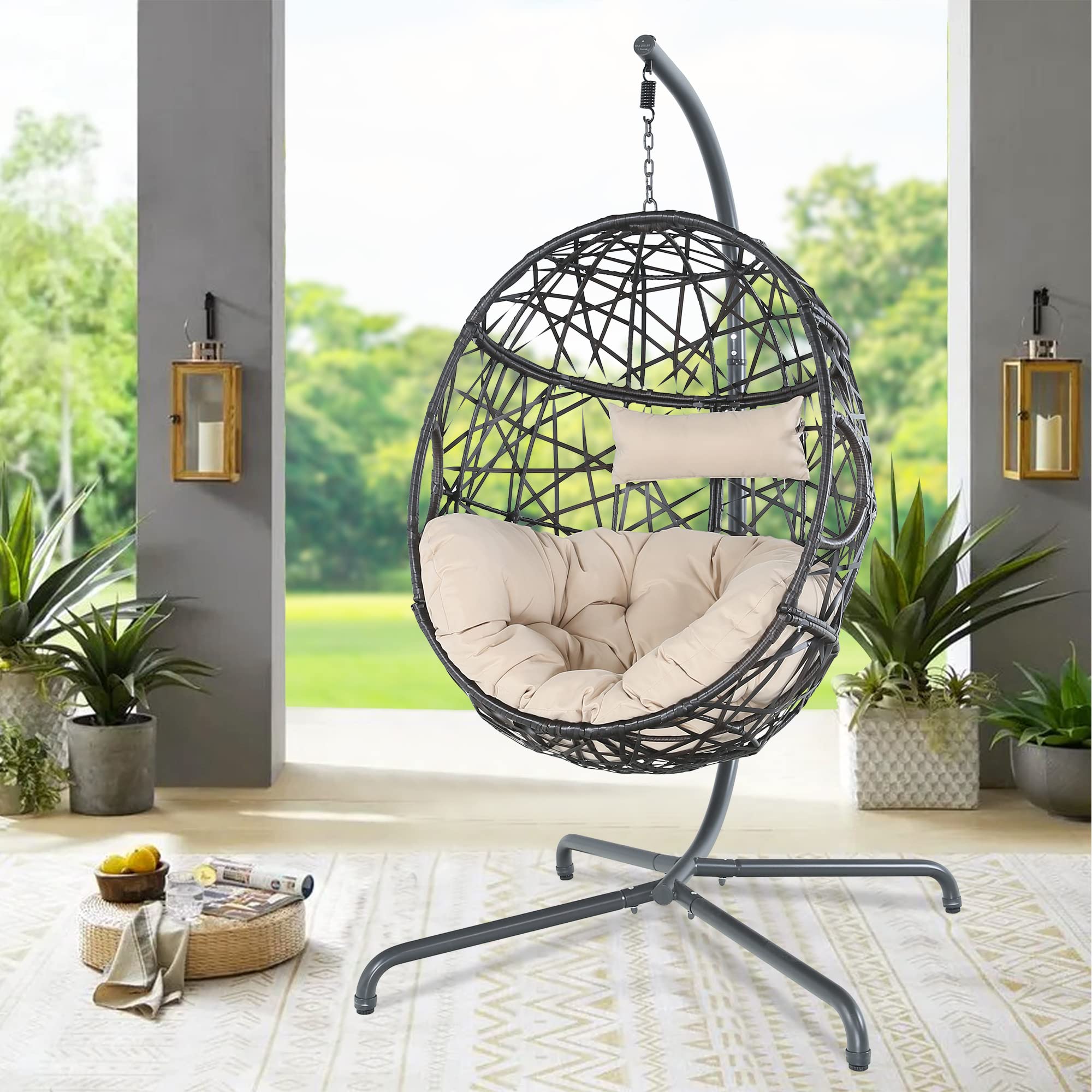 Outdoor Wicker Hanging Egg Chair with Cushion & Stand - Patio Swing Hammock for Garden, Balcony, Backyard - Beige Relaxation Chair for Porch, Poolside & Outdoor Lounging