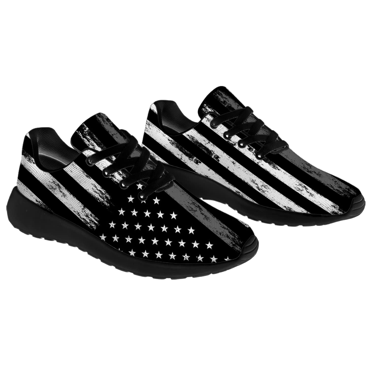 Patriotic American Flag Print Running Shoes for Men & Women - Thin Gray Line Walking Tennis Sneakers - Size 13 Men/15.5 Women in Black - Perfect for Jogging, Gym Workouts & Patriotic Events