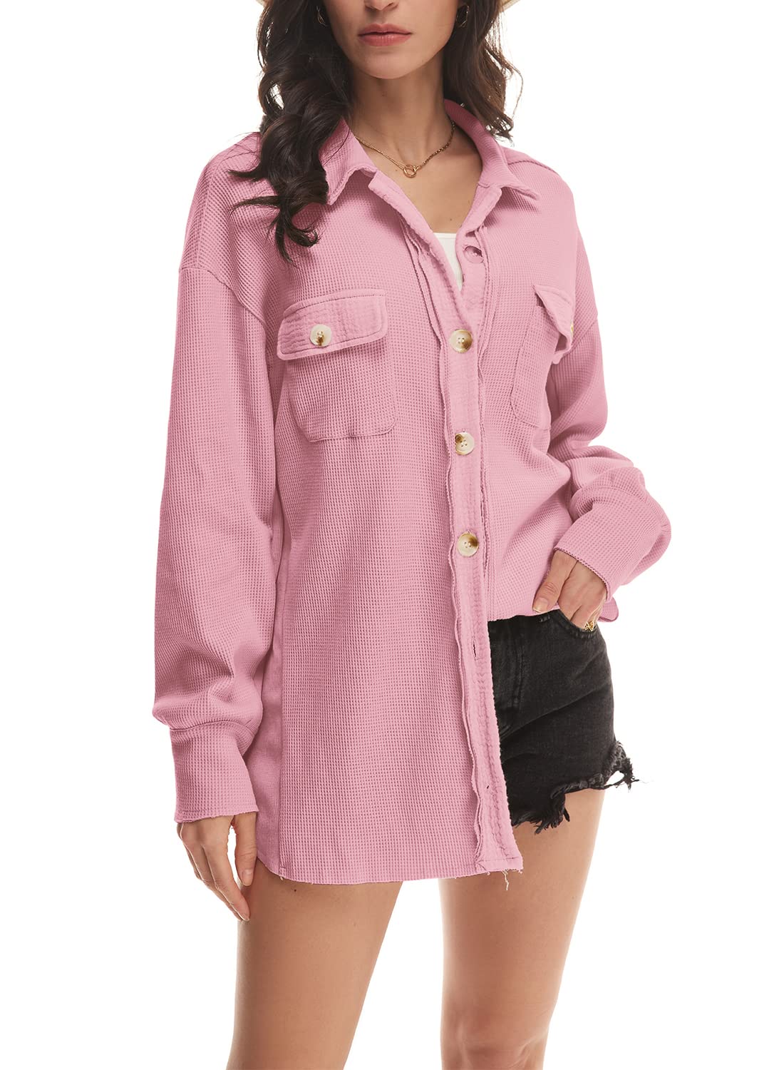 Nirovien Women's Waffle Knit Shacket - Oversized Button Down Shirt Jacket, Lightweight Spring Cardigan for Casual Wear & Layering Outfits