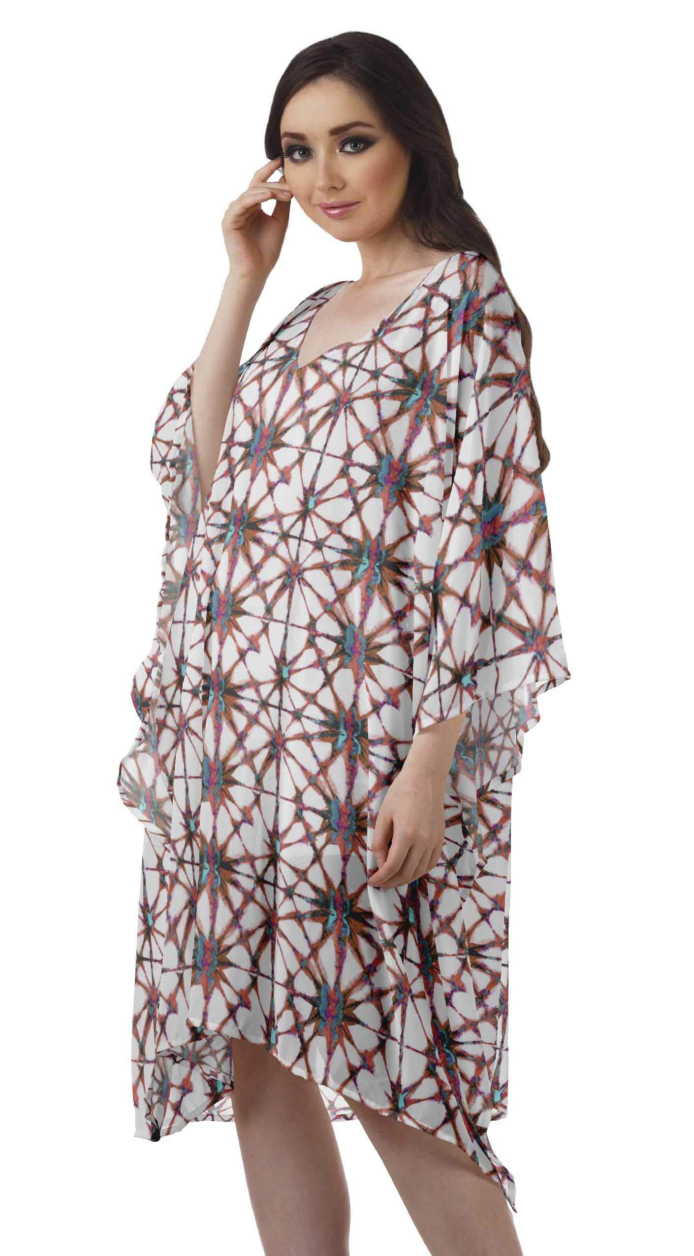 Moomaya Women's Georgette Short Beach Kaftan Cover Up - Flowy Bikini Coverup Dress for Summer, Swimwear Dress for Pool, Beach Vacation & Resort Wear