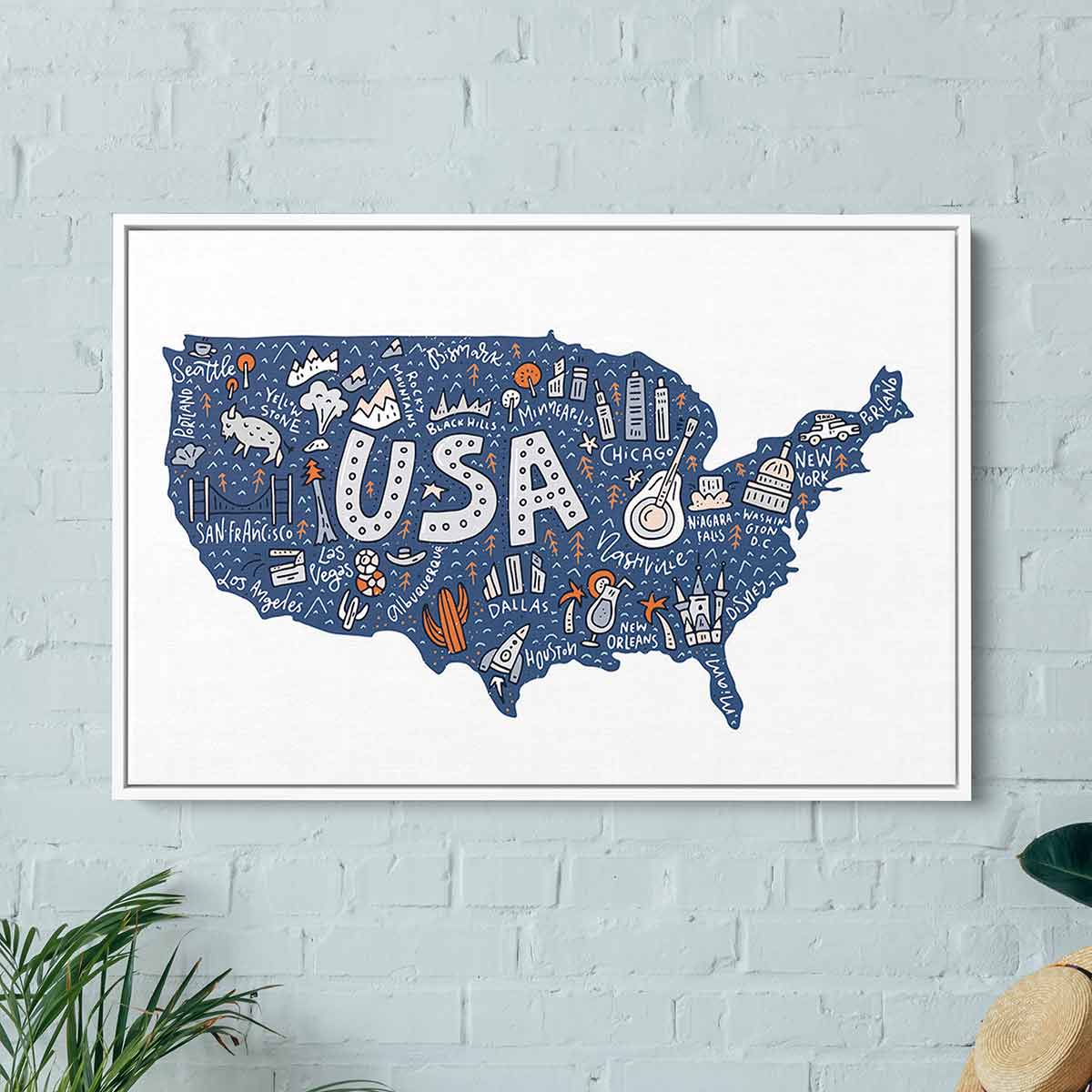 Blue USA Map Wall Art Canvas Print - 65x68 Inches - Home & Office Decor for Living Room, Bedroom, or Study