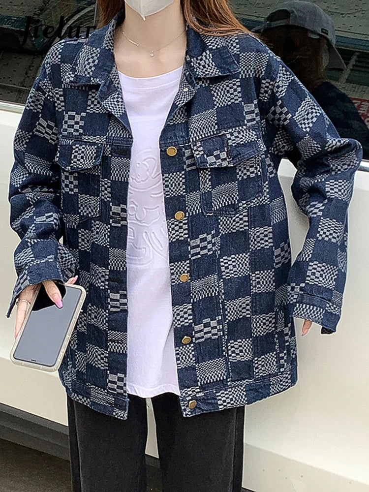 Stylish Women's Autumn Korean Fashion Denim Jacket - Loose Fit Retro Blue Black Plaid Checkerboard Coat for Casual Outings and Layering