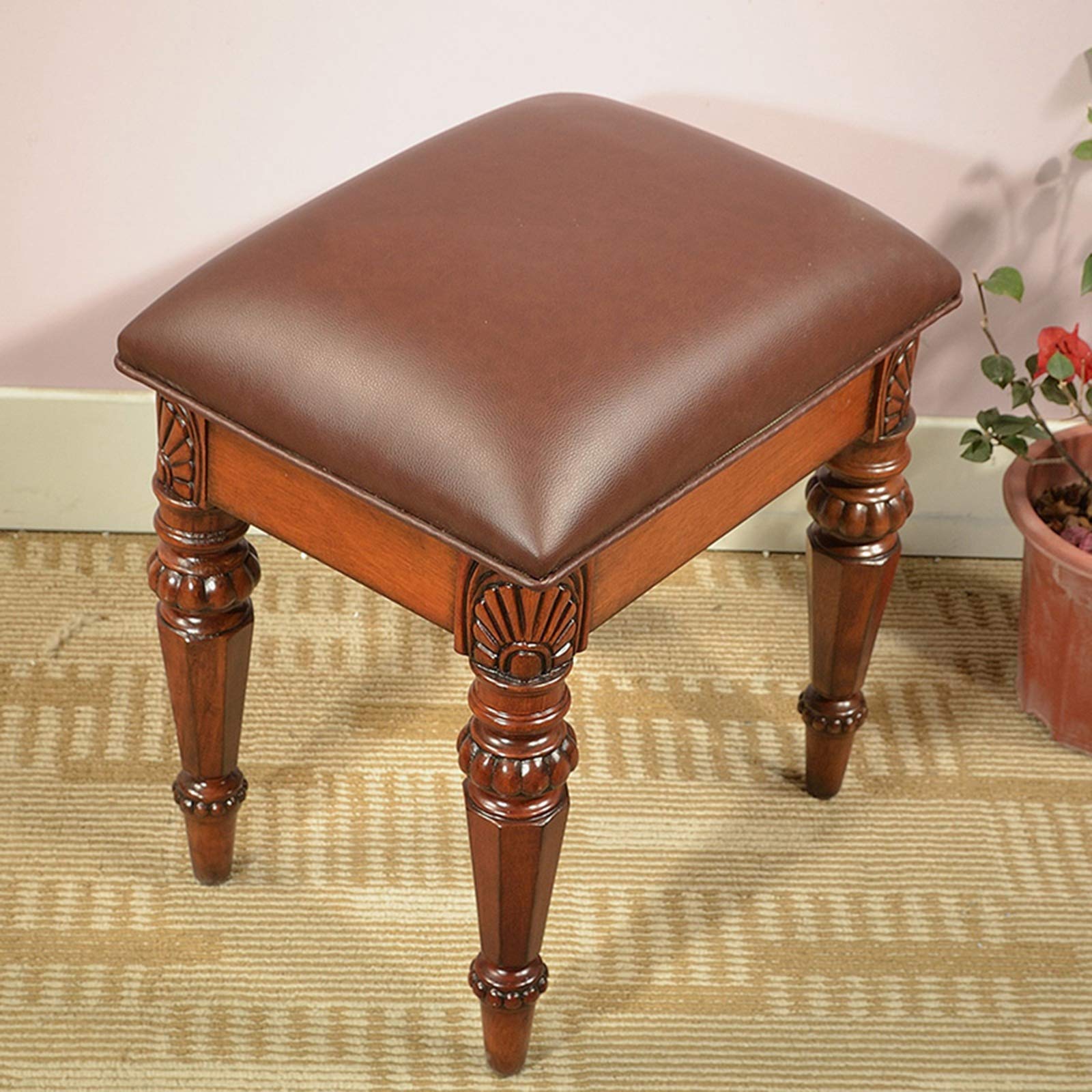 Wood Vanity Stool with PU Padded Seat - Makeup Chair for Dressing Room & Bedroom