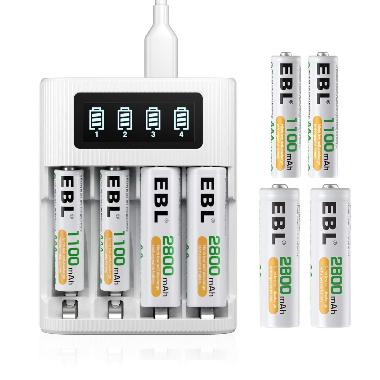 EBL AA AAA Rechargeable Batteries 8-Pack with LCD Smart Charger - 1.2V NiMH AA Batteries (4) & AAA Batteries (4) for Cameras, Toys, Flashlights and Electronics