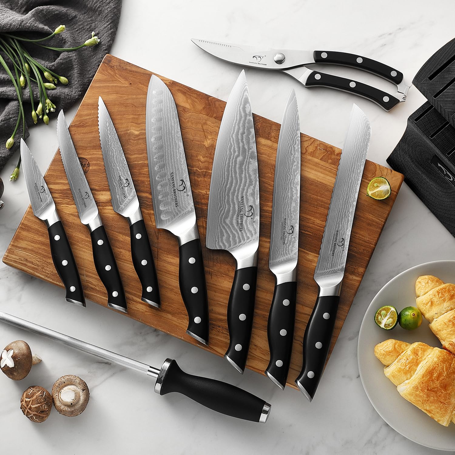 Premium Damascus Steel Kitchen Knife Set - 15-Piece Chef Knife Collection with Wooden Block, Ergonomic ABS Handles, Steak Knives, Knife Sharpener & Shears - Perfect for Home Chefs & Professional Cooking