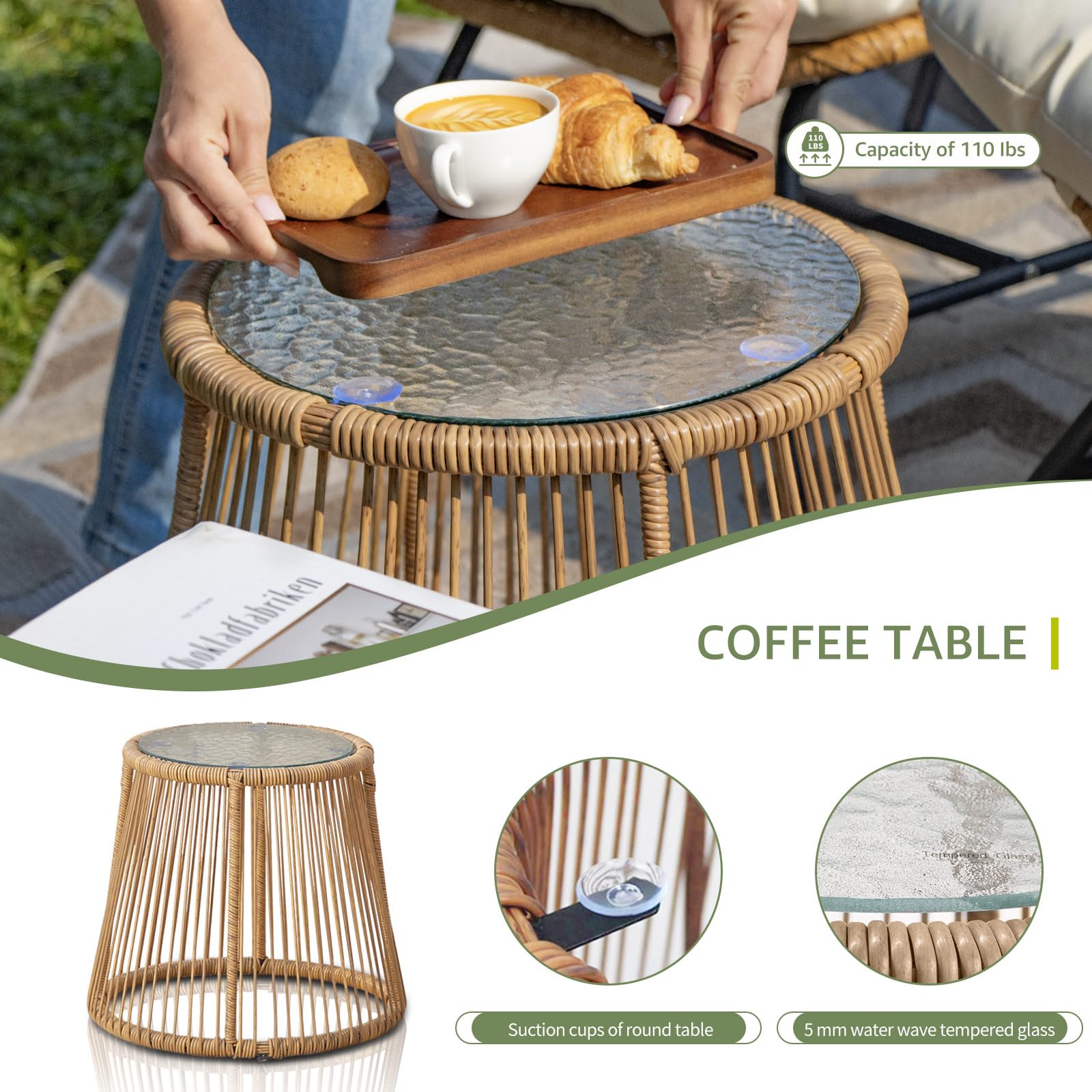 BULEXYARD 3-Piece Boho Outdoor Patio Furniture Set with Round Coffee Table - Natural Wicker Conversation Chairs with Beige Cushions for Backyard, Porch, Balcony & Deck | Perfect for Relaxing, Entertaining & Outdoor Gatherings