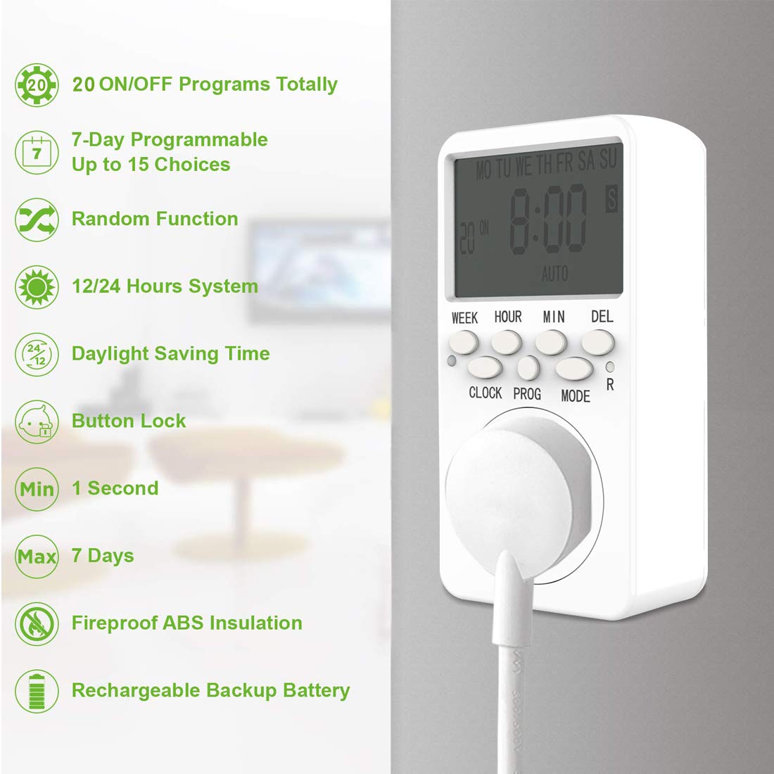 6-Outlet Surge Protector with 6 USB Ports & Digital Timer - 110V Power Strip with Countdown & 7-Day Programmable Outlet for Home, Office, Gaming Setup & Electronics Charging Station