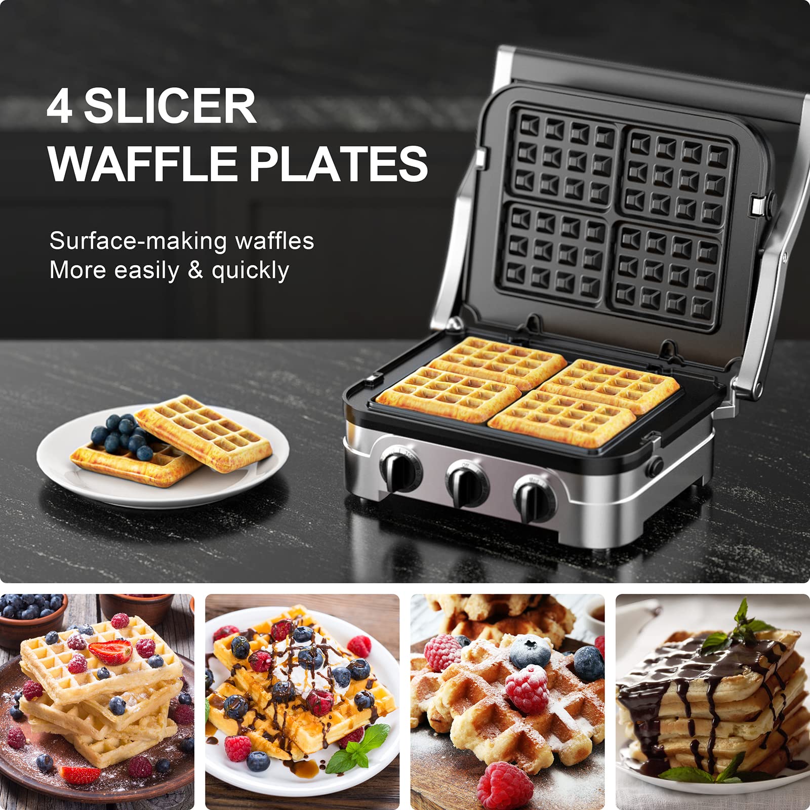 Nonstick Waffle Plates for Cuisinart Griddler GR-4N GR-5B GR-6 GRID-8N Series - 4-Slice Replacement Baking Plates by FOCOllK - Perfect for Breakfast, Brunch & Family Gatherings