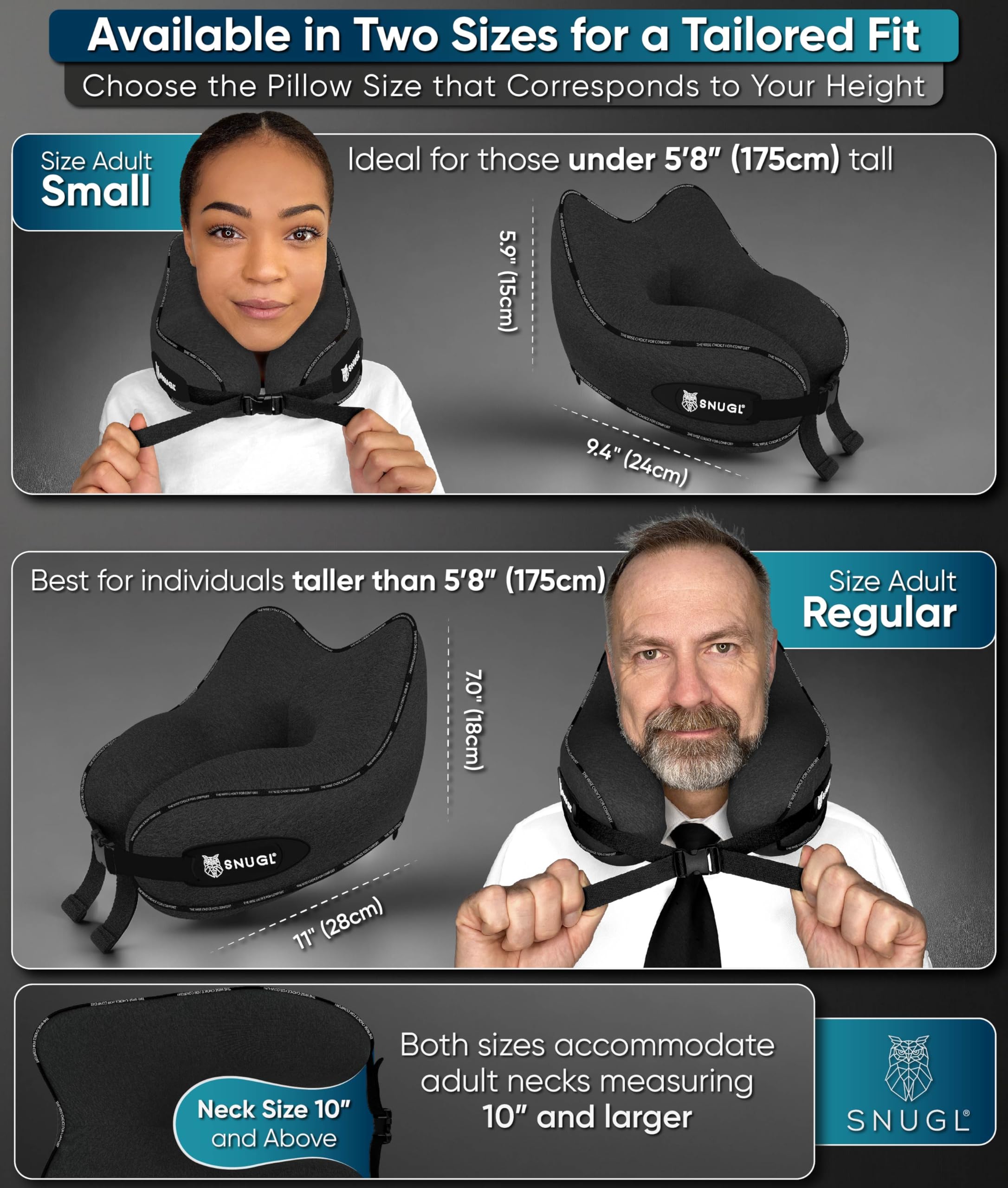SNUGL Memory Foam Travel Neck Pillow for Airplane Sleeping - Ergonomic Neck Support with Carry Bag & Clip - Best Flight Travel Accessories for Long Haul Flights, Road Trips & Camping - Black