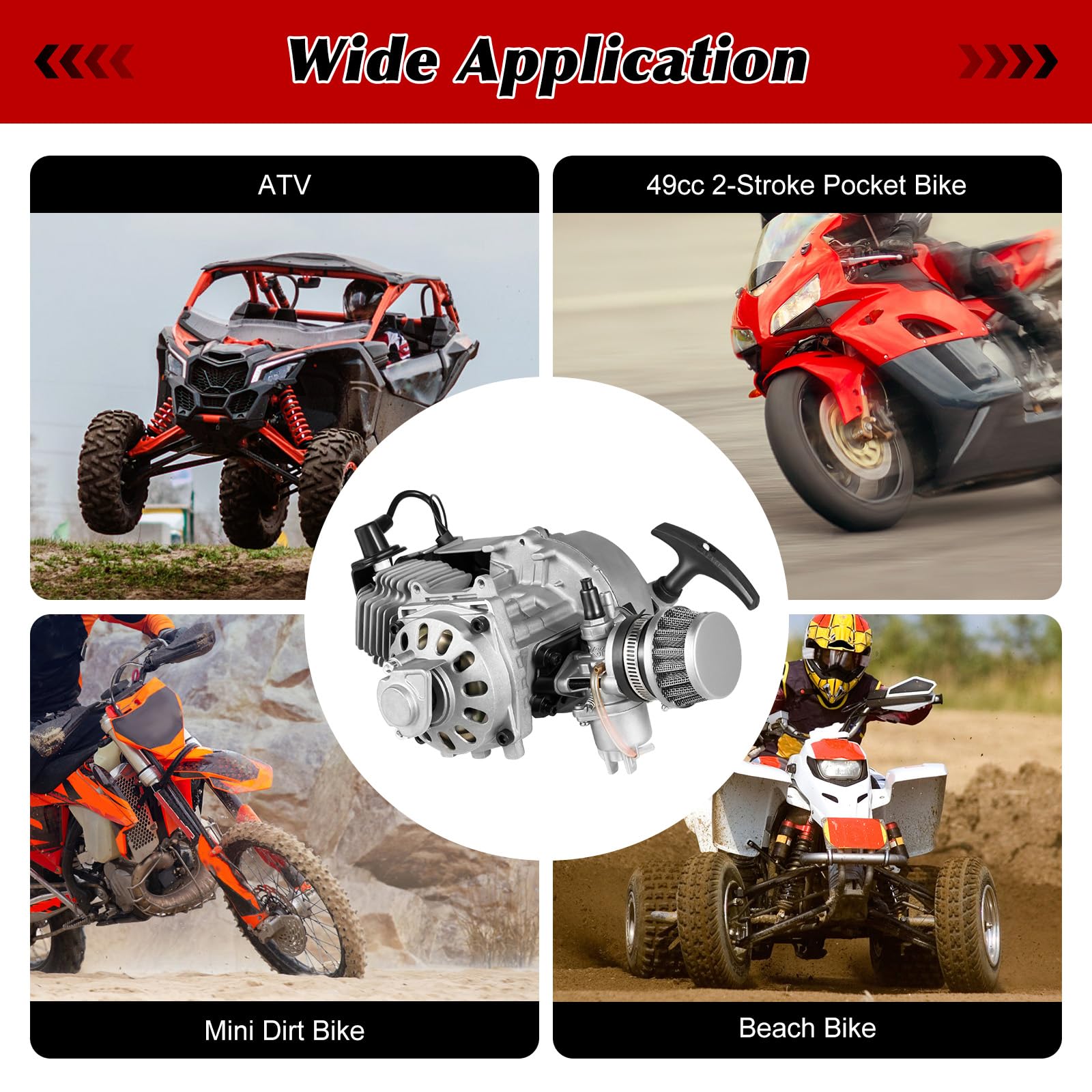 49cc 2 Stroke Gas Bicycle Engine Kit - Motorized Bike Conversion Kit for Adults - Fits Pocket Bikes & Mini Dirt Bikes - Gasoline Petrol Motor Upgrade (Silver/Black) - Perfect for Commuting, Off-Road Adventures & DIY Bike Projects