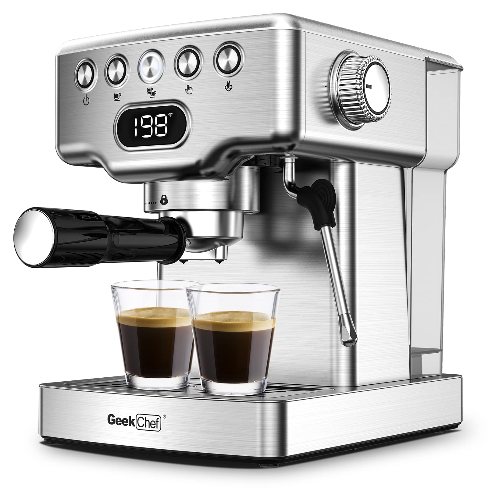 Geek Chef 20 Bar Espresso Machine with Milk Frother - Stainless Steel Home Coffee Maker for Latte, Cappuccino & Macchiato - 1.8L Water Tank - Perfect for Home Baristas & Coffee Lovers
