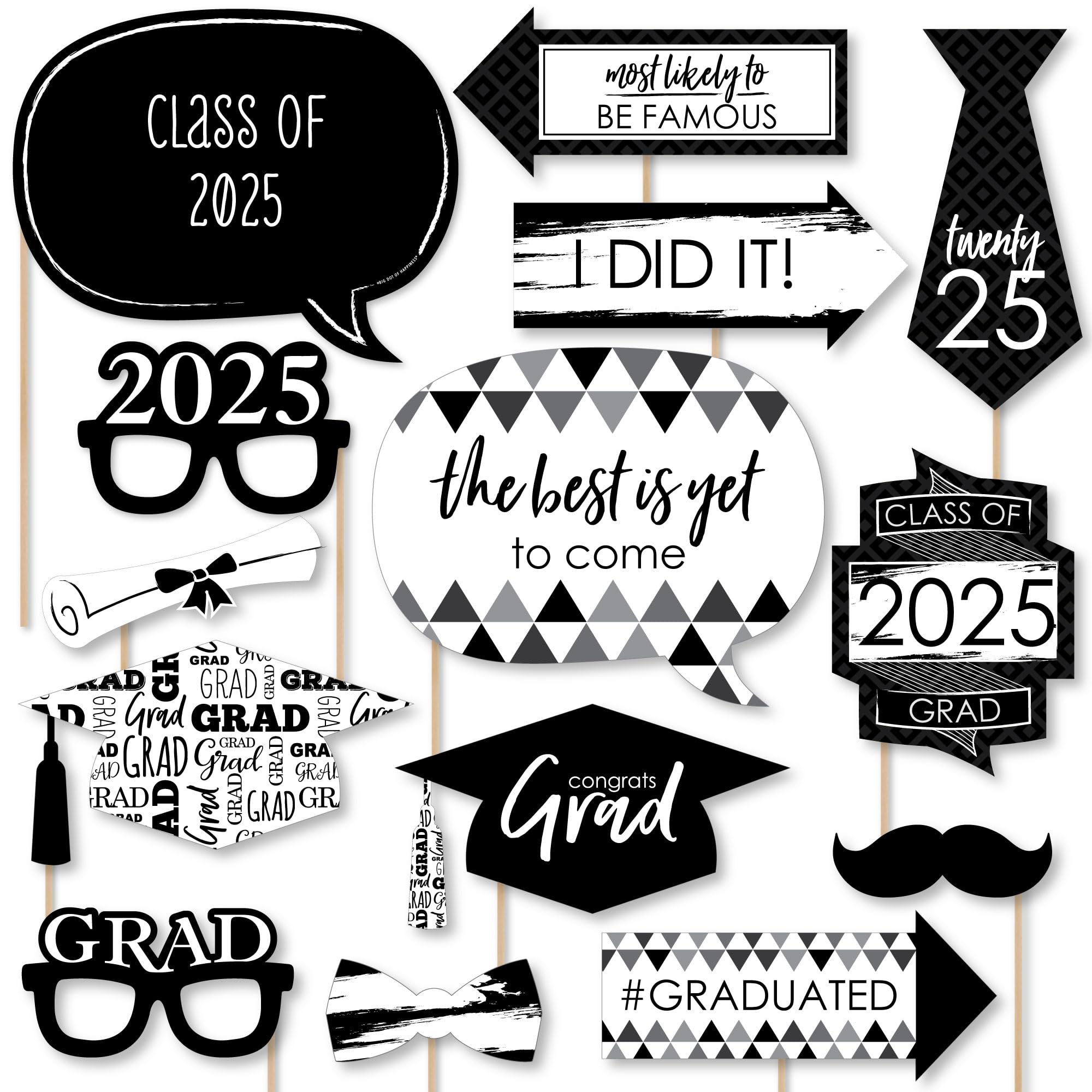 Black and White 2025 Graduation Photo Booth Props Kit - 20 Count - Class of 2025 Party Decorations & Graduation Supplies - Perfect for Graduation Parties, School Celebrations & Photo Backdrops