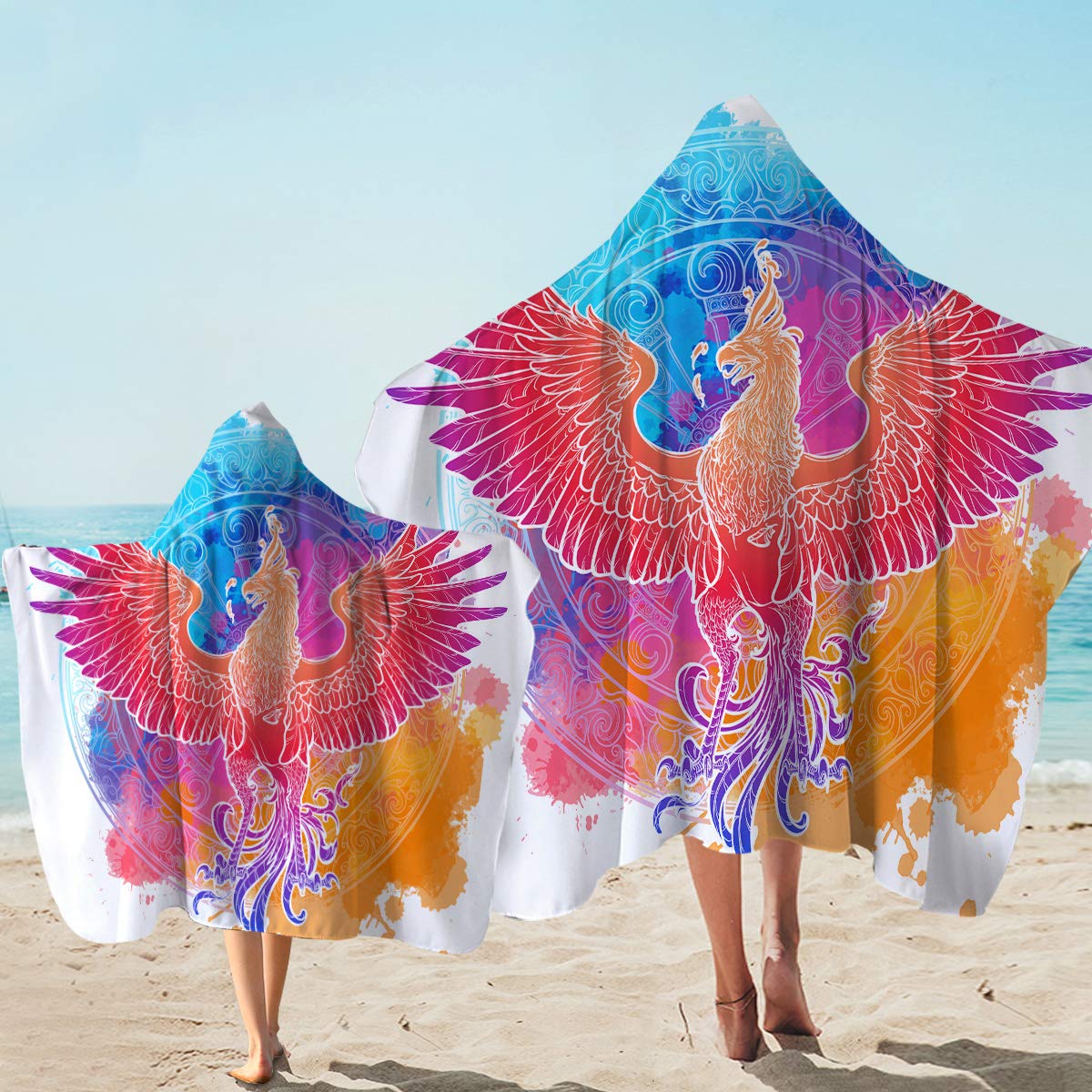 Mythical Phoenix Bird Hooded Beach Towel for Kids - Soft Watercolor Design, Wearable Bath Towel & Swim Cover-Up - Perfect for Pool, Beach, and Bathroom Use (1 Piece)