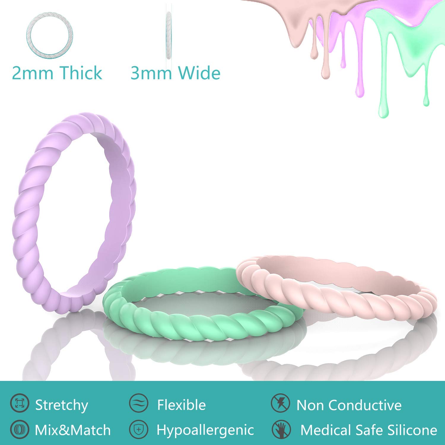 Zollen 12 Pack Thin Braided Silicone Wedding Rings for Women - Hypoallergenic Rubber Wedding Bands, Stackable Comfort Fit Rings for Active Lifestyle, Gym, Swimming & Outdoor Activities