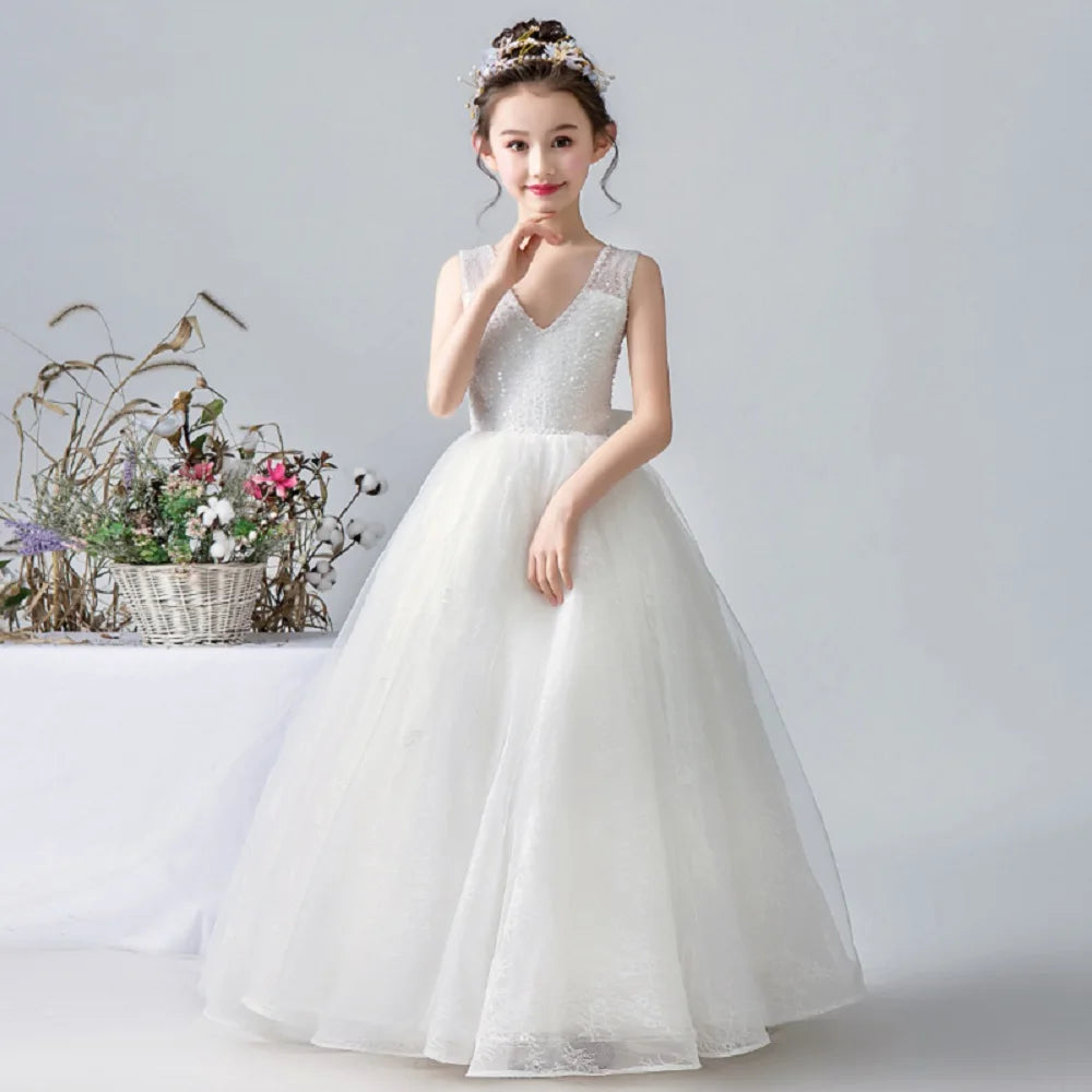 Elegant Beaded Ball Gown for Girls - Sleeveless Princess Dress for Weddings, Birthdays & First Communion - Perfect for Special Occasions & Formal Events