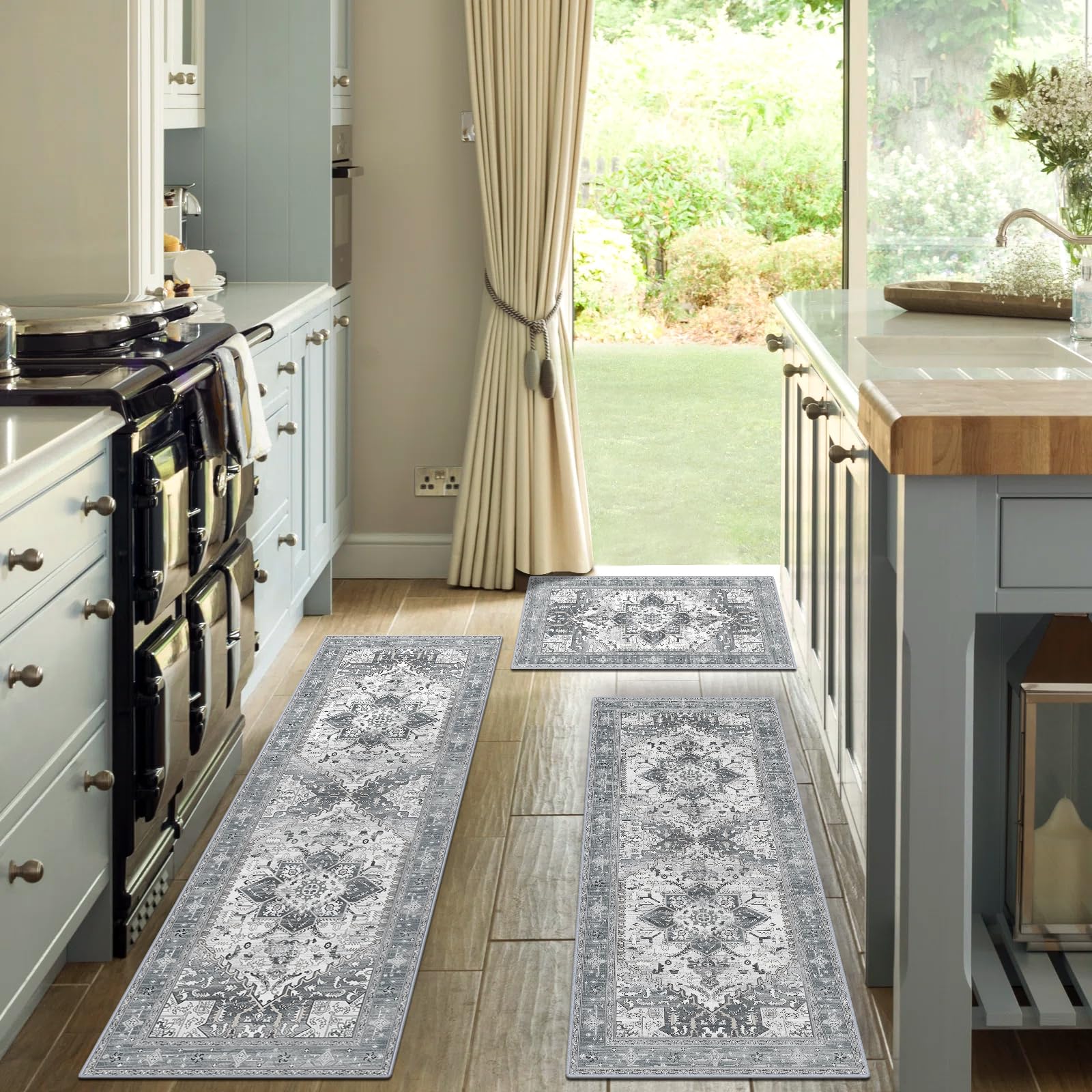 Yamaziot Boho Washable Kitchen Rugs Set of 3 - Non-Slip Rubber Backing, Waterproof & Stain Resistant Thick Floor Mats - Perfect for Kitchen, Laundry Room, Hallway - Grey (Home Decor & Safety Upgrade)