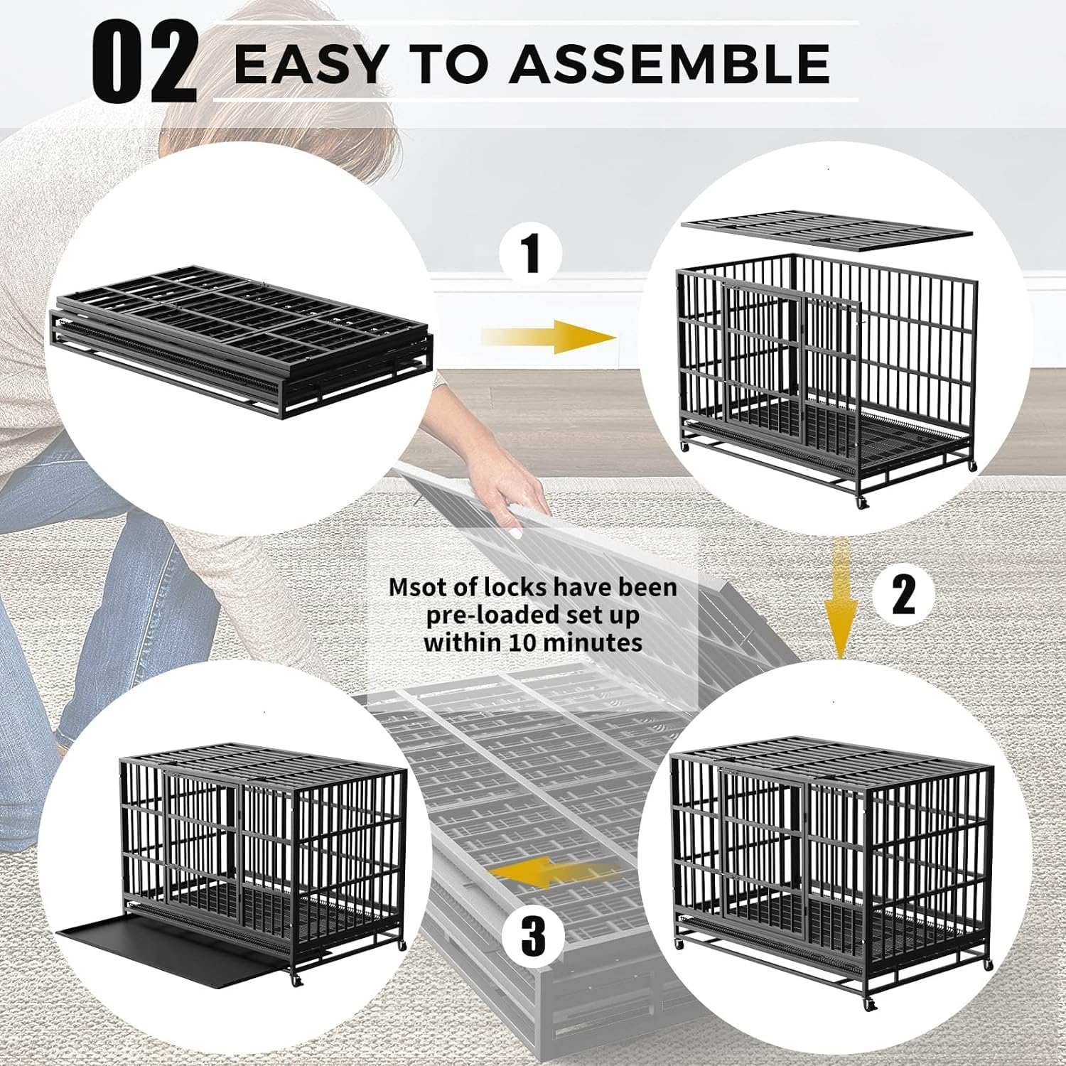 48 Inch Heavy Duty Dog Crate - Indestructible Large Dog Cage Kennel for High Anxiety Dogs | Escape Proof & Sturdy Lock Design | Extra Large Indoor Pet Crate with Double Doors & Removable Tray | Perfect for Travel, Training, and Home Security