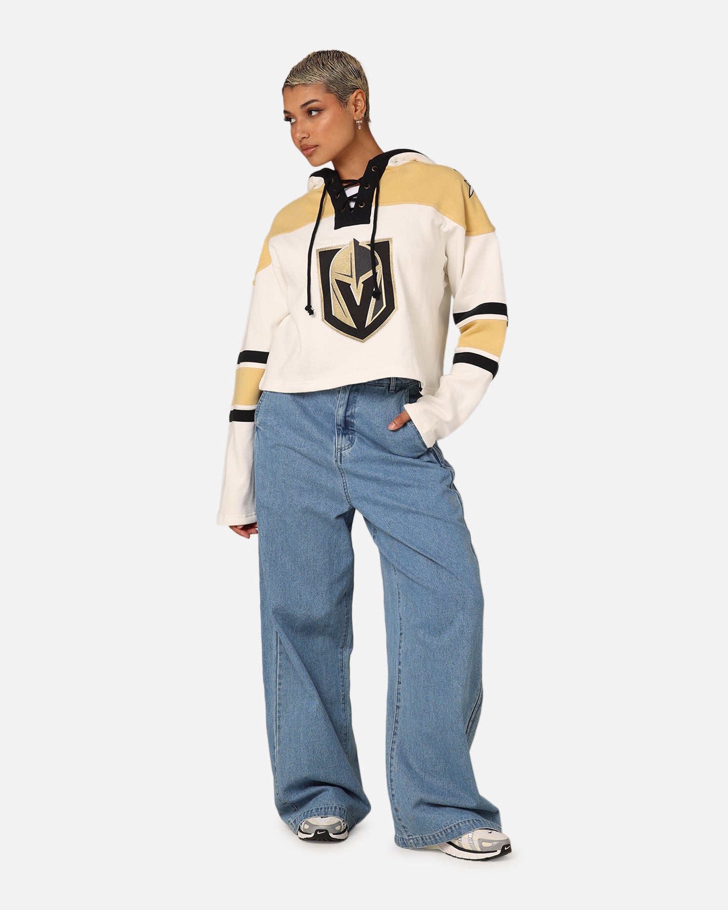 47 Brand Women's Vegas Golden Knights Cropped Lace-Up Hoodie - White Washed Distressed Style for Game Day & Casual Streetwear