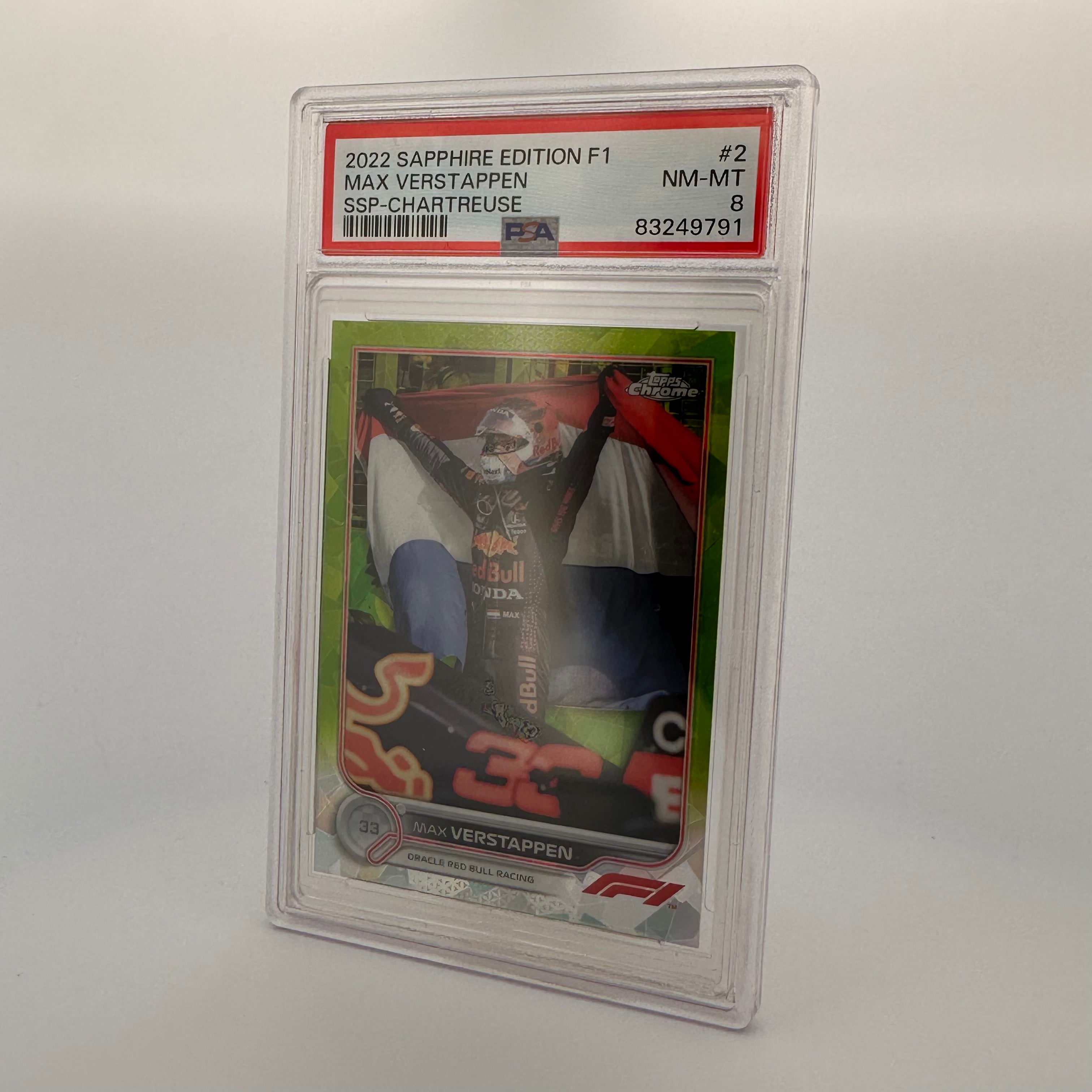 PSA 8 Graded 199 Max Verstappen #2 Sapphire Edition SSP Chartreuse - Rare Collectible Trading Card for F1 Fans & Sports Memorabilia Collectors