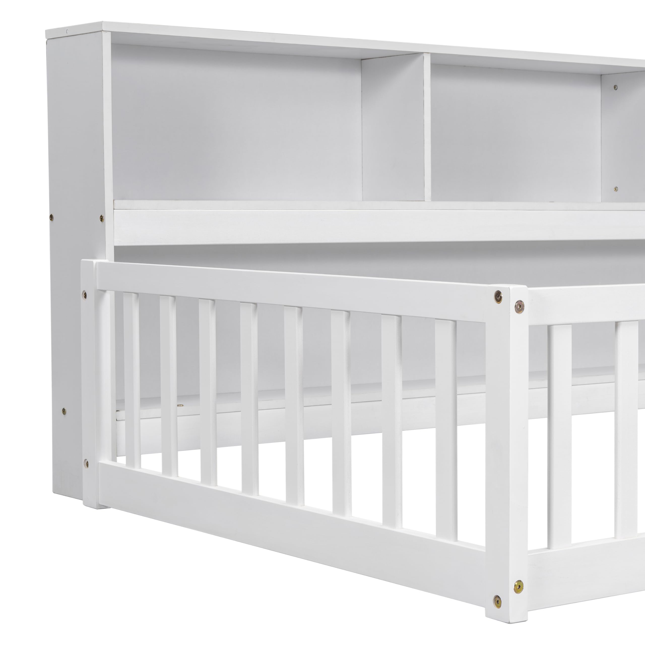 Bellemave Montessori Floor Bed for Kids - Twin Size with Bookcase & Shelves - Sturdy Wooden Bed Frame for Boys & Girls - White - Perfect for Montessori Bedrooms, Playrooms & Cozy Reading Nooks