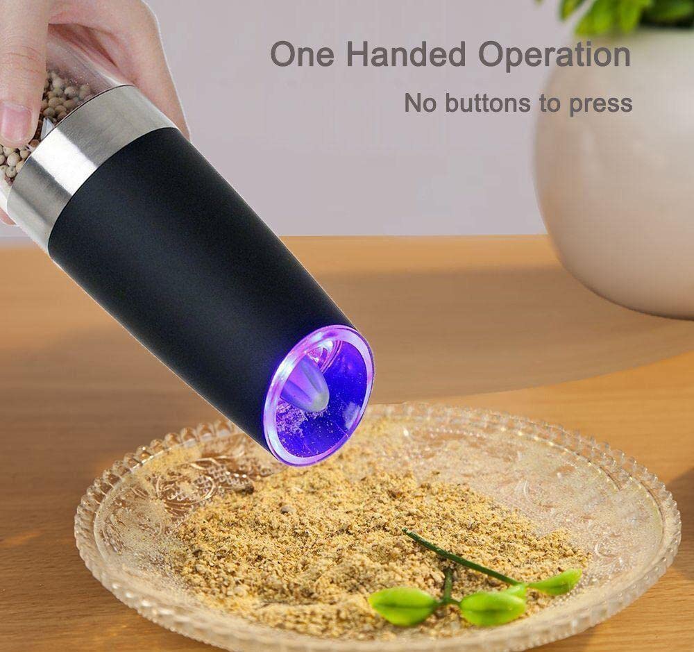 Premium Electric Gravity Pepper & Salt Grinder Set - Adjustable Coarseness, Battery Powered with LED Light - Stainless Steel Mill with Stand (Black/Blue) - Perfect for Kitchen, Dining Table & Gourmet Cooking