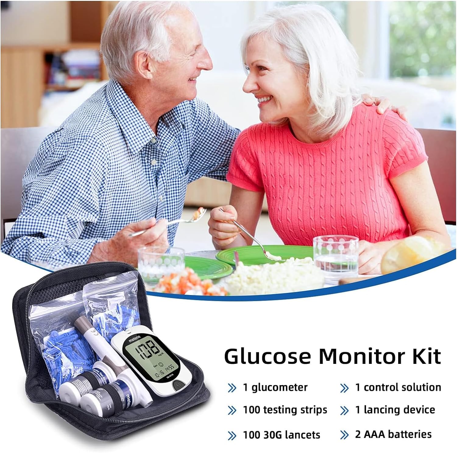 Accu-Chek TD 4116 Blood Glucose Monitor Kit - 100 Test Strips, 100 Lancets, Lancing Device & Control Solution - No Coding Glucometer with Large Display for Diabetes Testing at Home or Travel