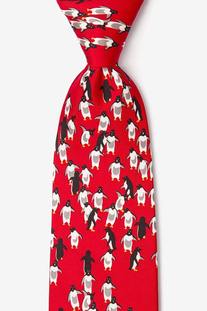 Premium Red Silk Tie with Penguin Pattern - Elegant Men's Necktie for Business, Weddings & Formal Events