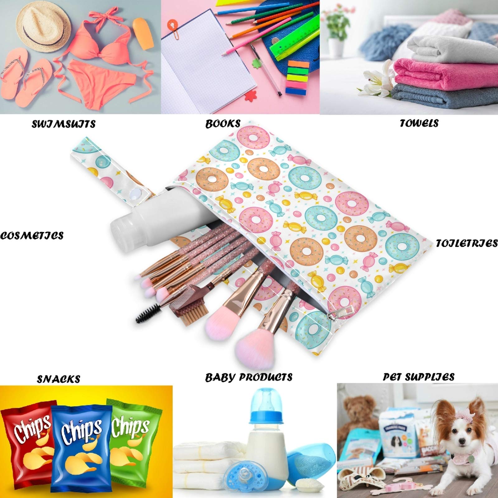 Visesunny 2-Pack Colorful Donut Print Wet Bags with Zippered Pockets - Reusable & Washable Waterproof Storage for Swimsuits, Gym Clothes, Diapers - Perfect for Travel, Beach, Pool, Daycare, Stroller & Toiletries Organization