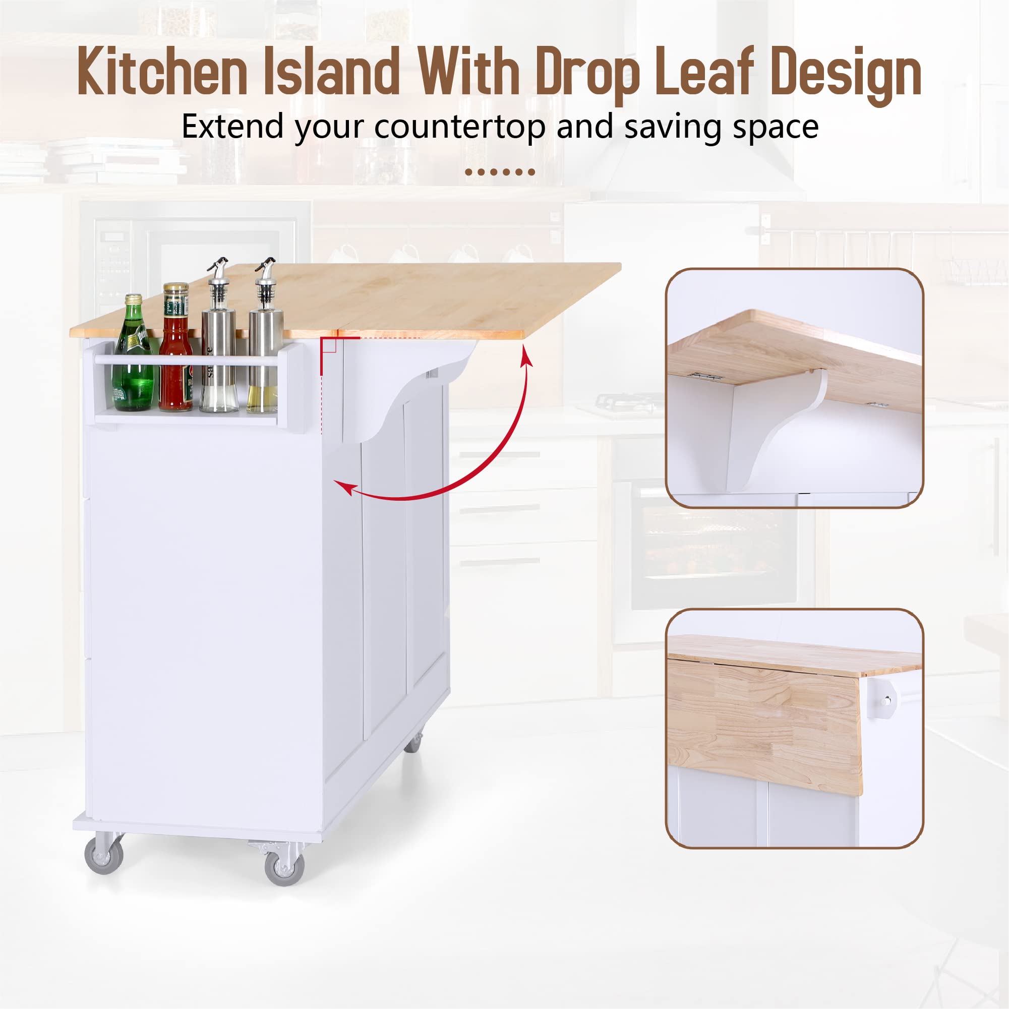 MFSTUDIO White Rolling Kitchen Island Cart with Drop-Leaf, 3 Drawers & Adjustable Shelf - Mobile Storage Cabinet with Wood Countertop, Towel Bar & Spice Rack - Perfect for Small Kitchens, Dining Rooms & Apartment Living
