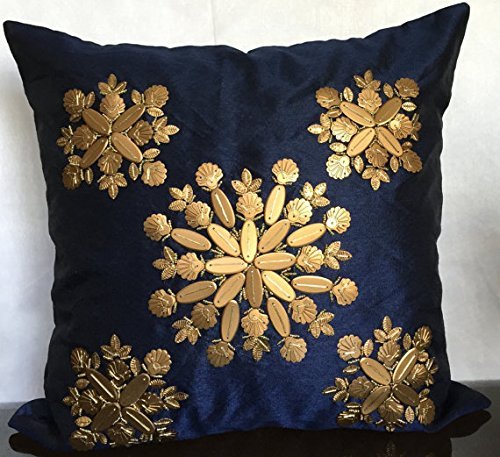 Elegant White Petals Gold & Blue Decorative Pillow Covers 18x18 Inch - Perfect for Sofa, Bedroom & Living Room Decor