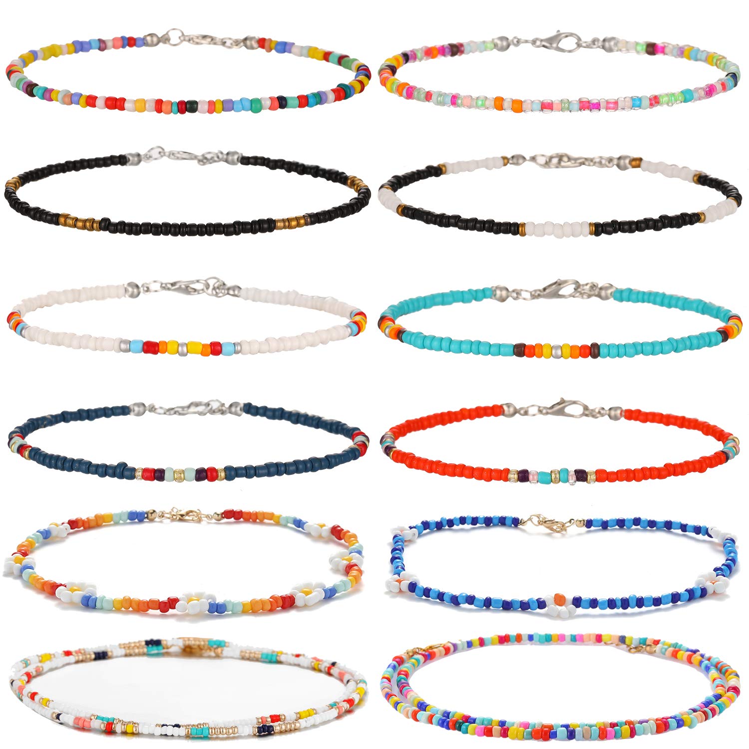 Handmade Boho Beaded Anklets for Women - 8-12Pcs Adjustable Colorful Bead Ankle Bracelets Set - Perfect for Beach, Summer, Festival & Boho Fashion Accessories