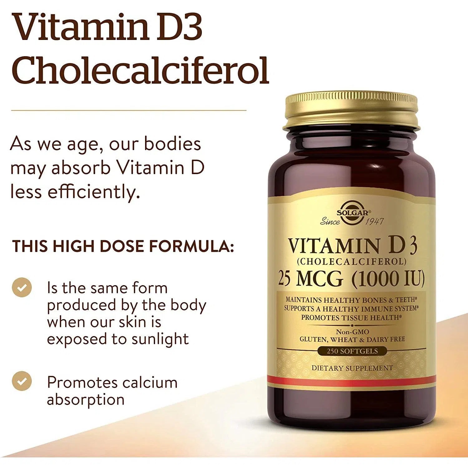 Solgar Vitamin D3 25mcg (1000 IU) Supplement - Supports Bone Health & Immune System - for Adults & Kids - Daily Use at Home or Travel