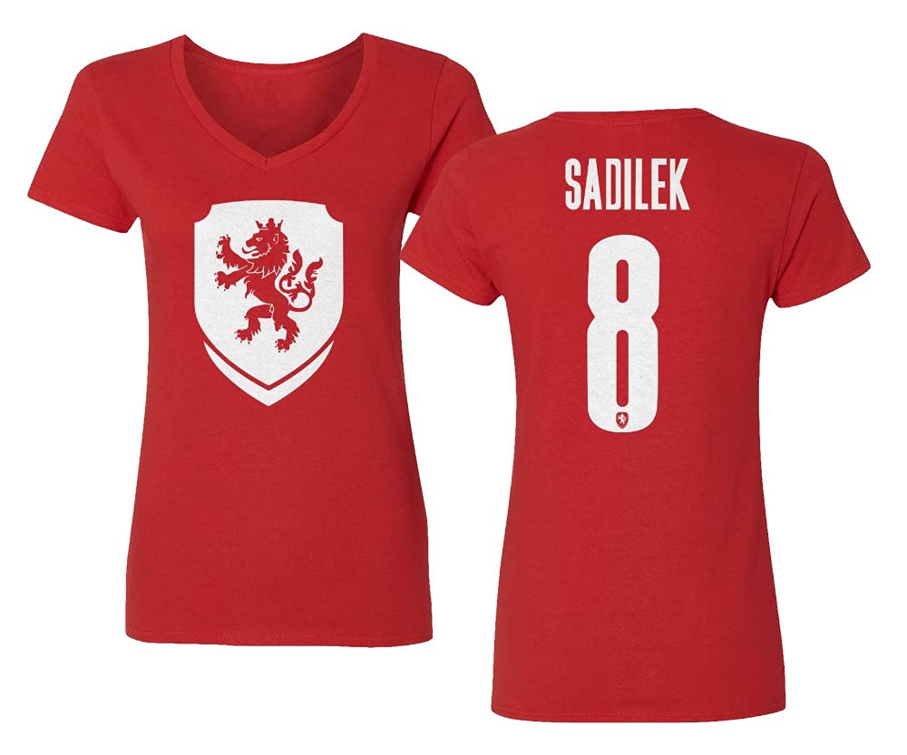 Czech Republic #8 Sadilek Soccer Jersey 2020 - Women's V-Neck T-Shirt by Spark Apparel | Official Football Fan Gear for Games & Casual Wear