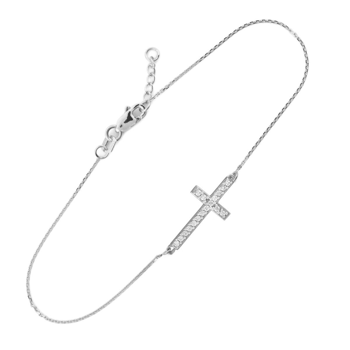 14K White Gold Sideways Cross Bracelet with Zirconia - Adjustable 7.5 to 8 Inches - Elegant Christian Jewelry Gift for Women - Perfect for Church, Weddings & Everyday Wear