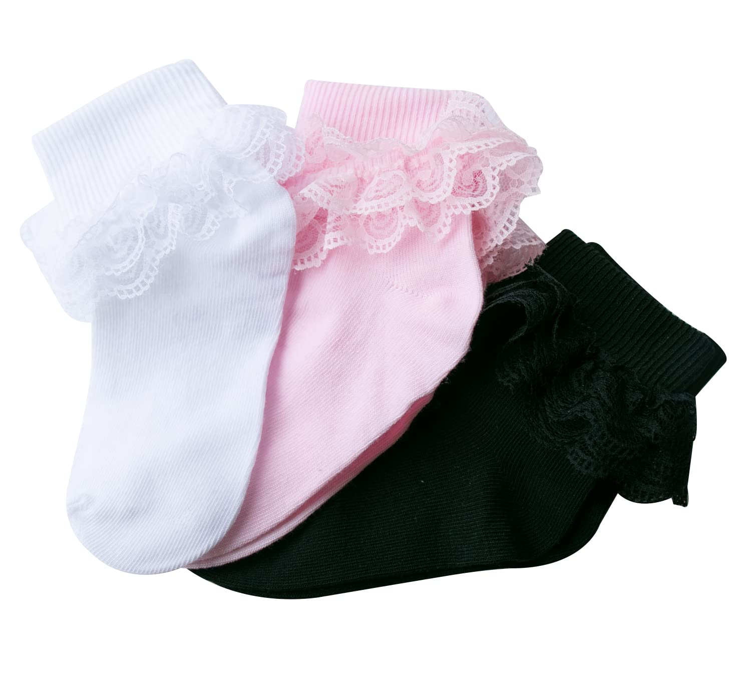 Girls Lace Ruffle Ankle Socks - Soft Cotton Frilly Dress Socks for Toddler & Kids (White/Black/Pink/Red) - Perfect for Parties, School Uniforms & Special Occasions
