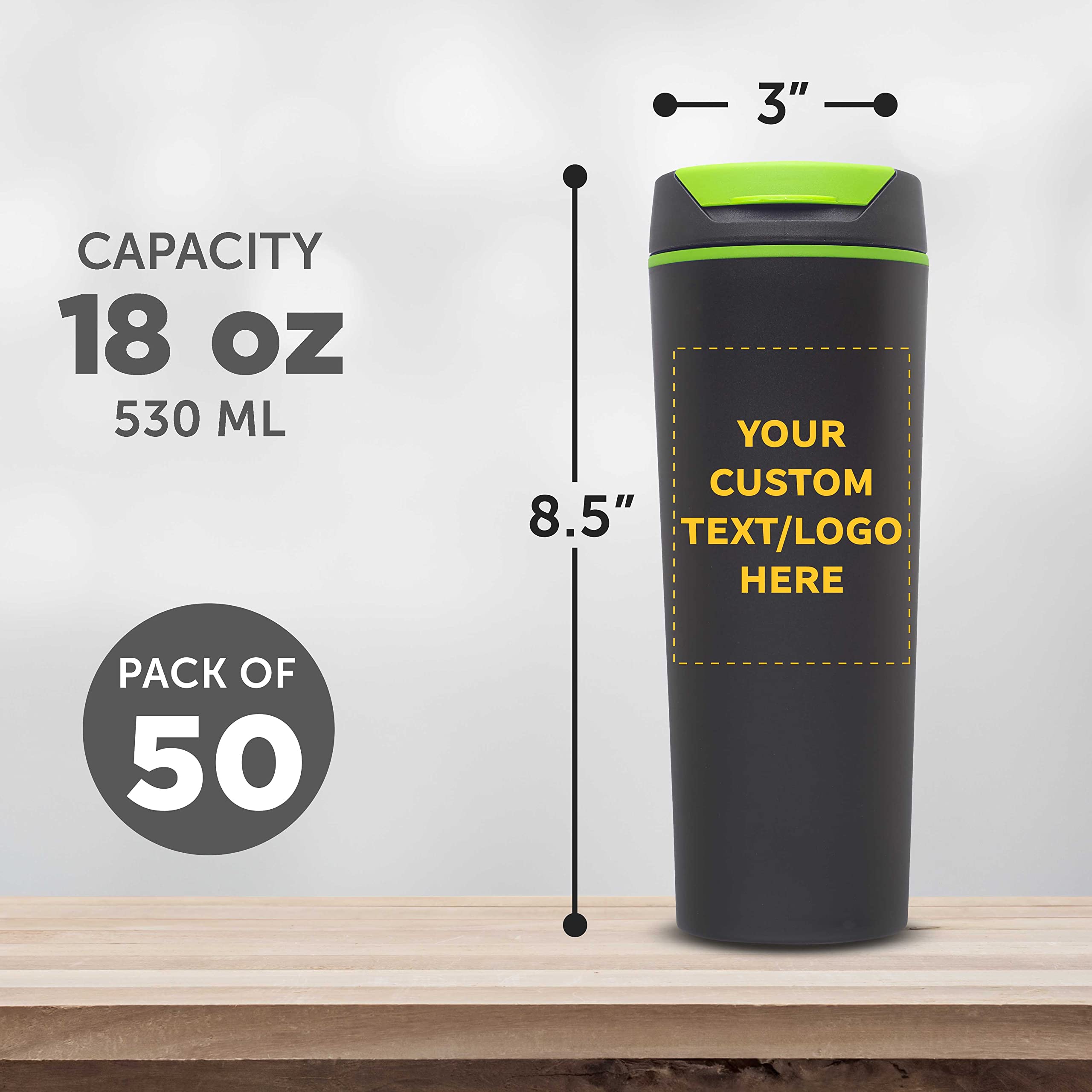 Custom Double Wall Insulated Plastic Travel Mugs 18oz (50-Pack) - Personalized Bulk Coffee Cups for Hot & Cold Beverages - Black & Lime Green - Ideal for Offices, Cafes, Events & Promotional Gifts