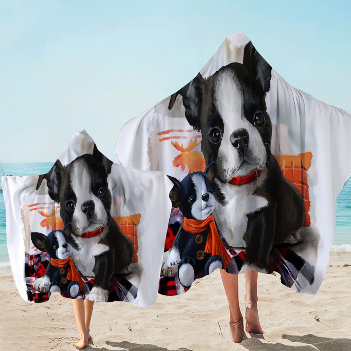 **Sleepwish 3D Puppy Hooded Beach Towel - Boston Terrier Dog Pattern, Soft & Cute Animal Bath Blanket for Kids, Teens, Boys & Girls - White Hooded Towel Set (2 Pieces) - Perfect for Beach, Pool, Spa & Travel**