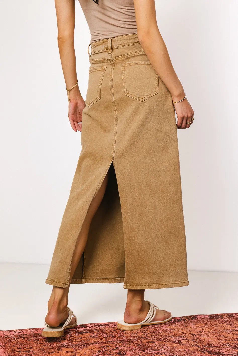Harley Denim Midi Skirt for Women - Mocha Brown High Waist A-Line Denim Skirt | Vintage Style Casual Skirt | Perfect for Spring Outfits, Date Nights & Office Wear