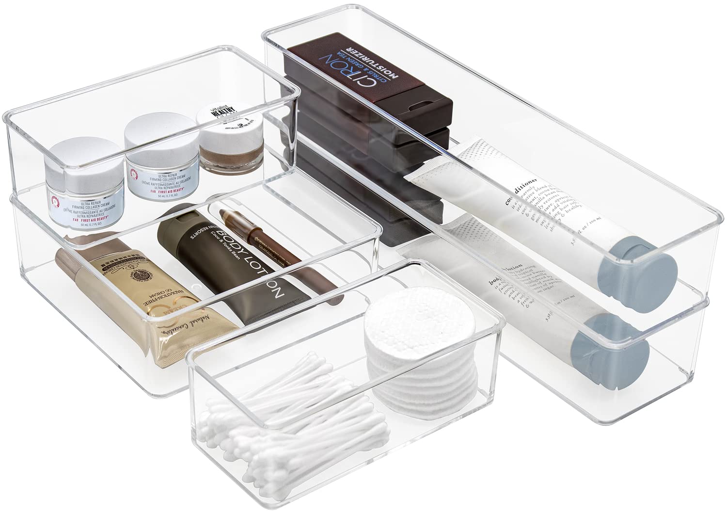 Sorbus 5-Piece Clear Drawer Organizer Set - Multi-Purpose Storage Bins for Makeup, Office Supplies, Vanity, Bathroom & Kitchen Organization | Perfect for Home, Office & Travel Use