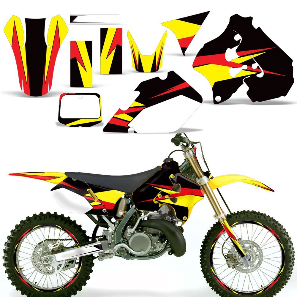 MX Dirt Bike Graphics Kit Sticker Decal with Rim Trim & Number Plates for Suzuki RM 250 1996-1998 - Yellow Red Black Design | Off-Road Motocross Customization & Racing Accessories