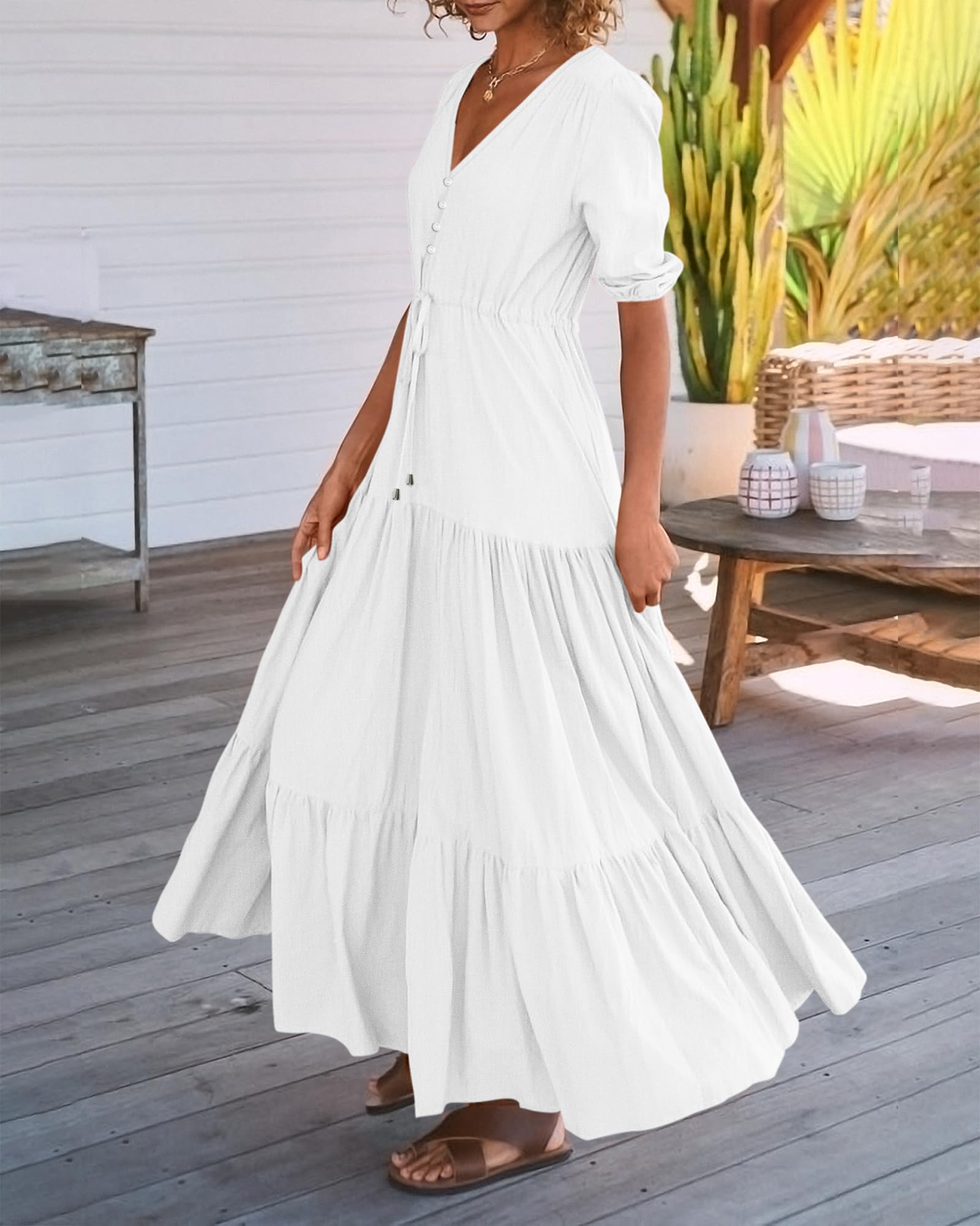 BTFBM Women's Summer Maxi Dress - Short Sleeve V-Neck Button Down Boho Long Dress with Drawstring Waist, Solid Color Casual Beach Dress for Vacation, Party & Everyday Wear